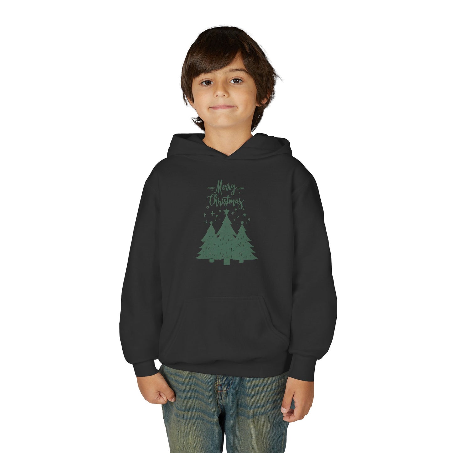 Youth Hoodie — Merry Christmas Green Tree Illustration Unisex
