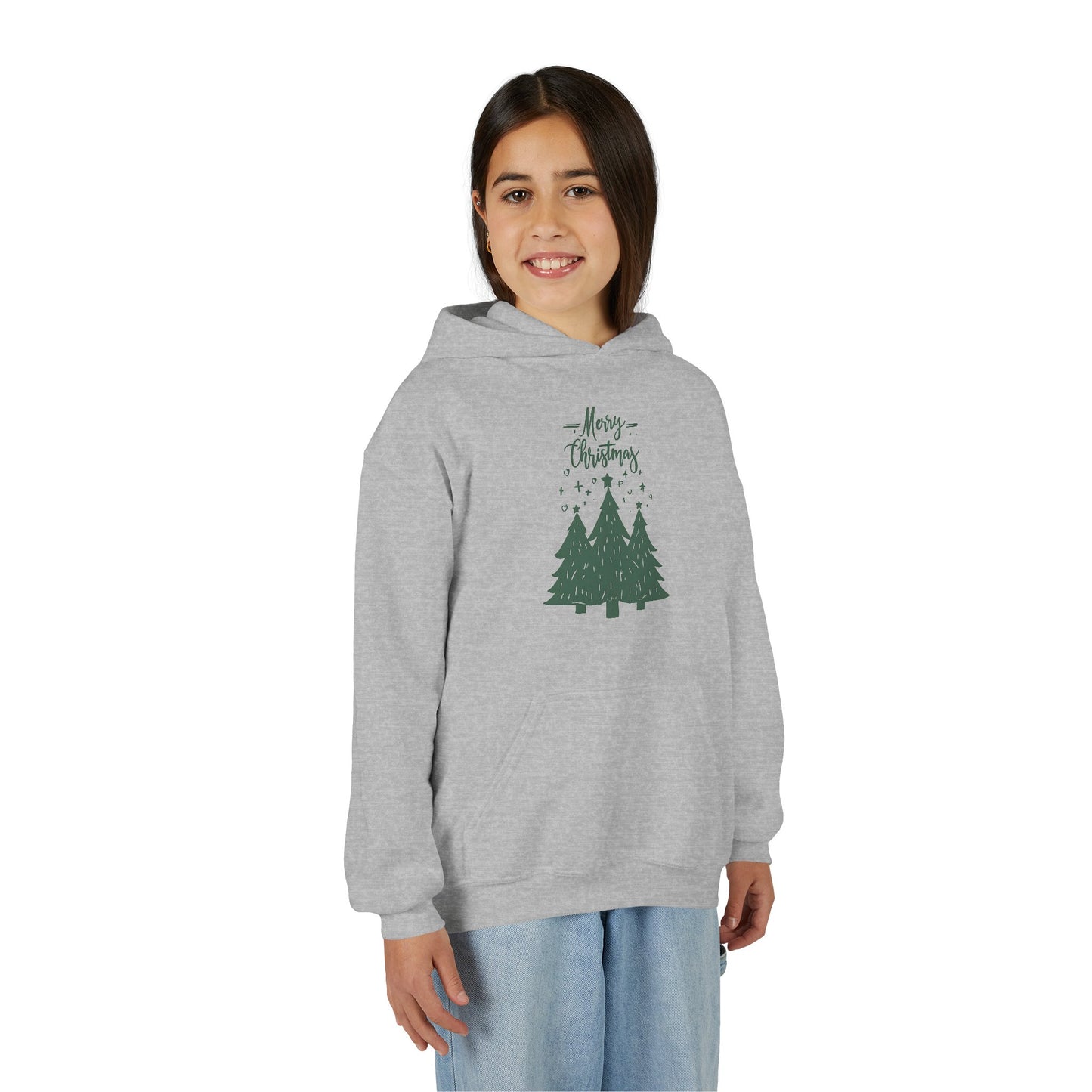 Youth Hoodie — Merry Christmas Green Tree Illustration Unisex