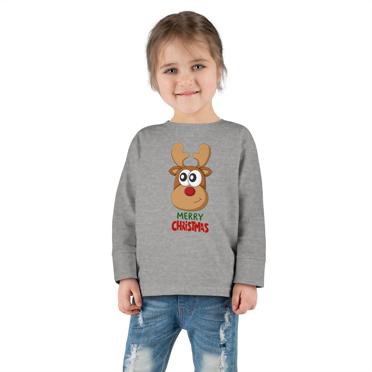 Toddler Long Sleeve Tee — Cute Reindeer "Merry Christmas" Holiday Shirt