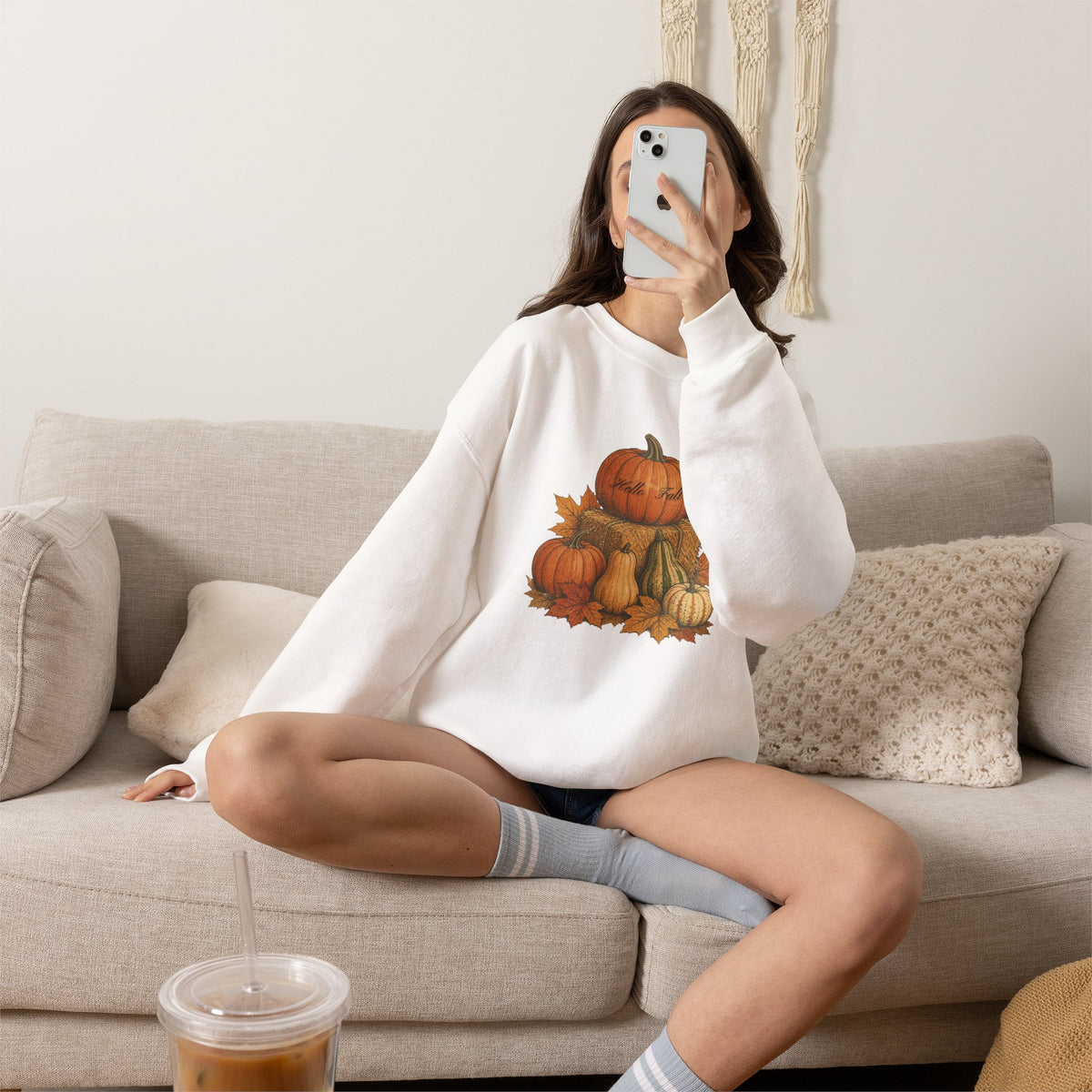 Pumpkin Patch Fall Sweatshirt – Autumn Pumpkins & Leaves Crewneck
