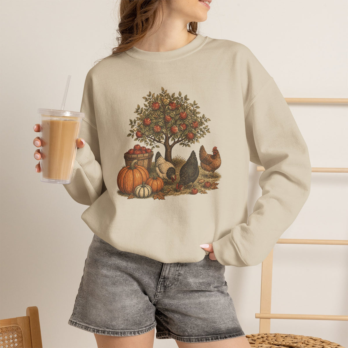 Fall Harvest Crewneck Sweatshirt — Pumpkin & Chicken Autumn Graphic