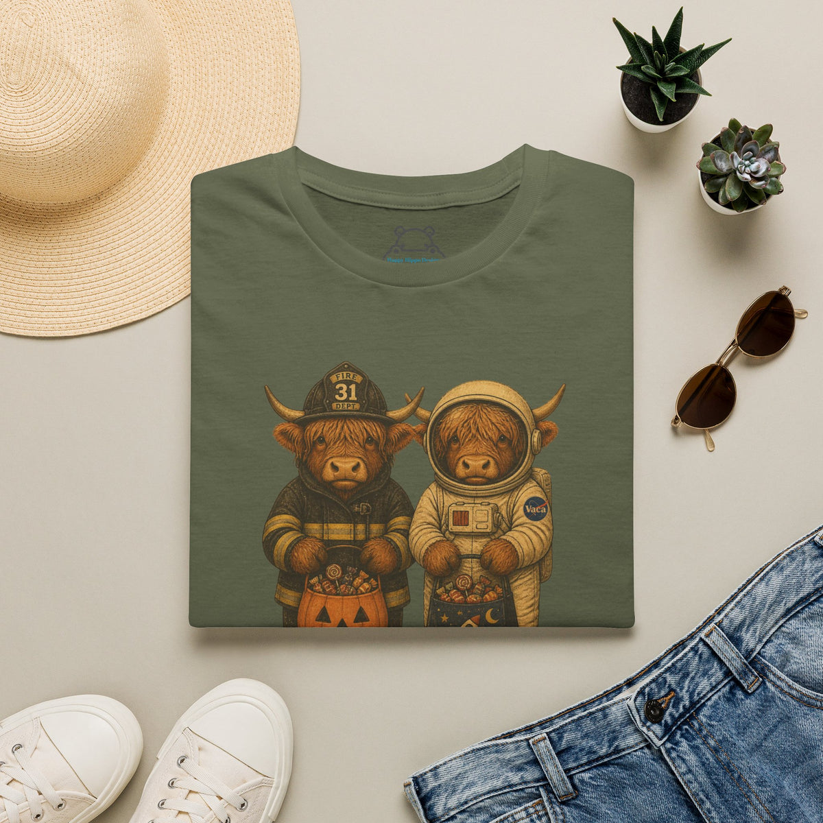 Halloween Highland Cows T‑Shirt — Firefighter & Astronaut Costume Tee