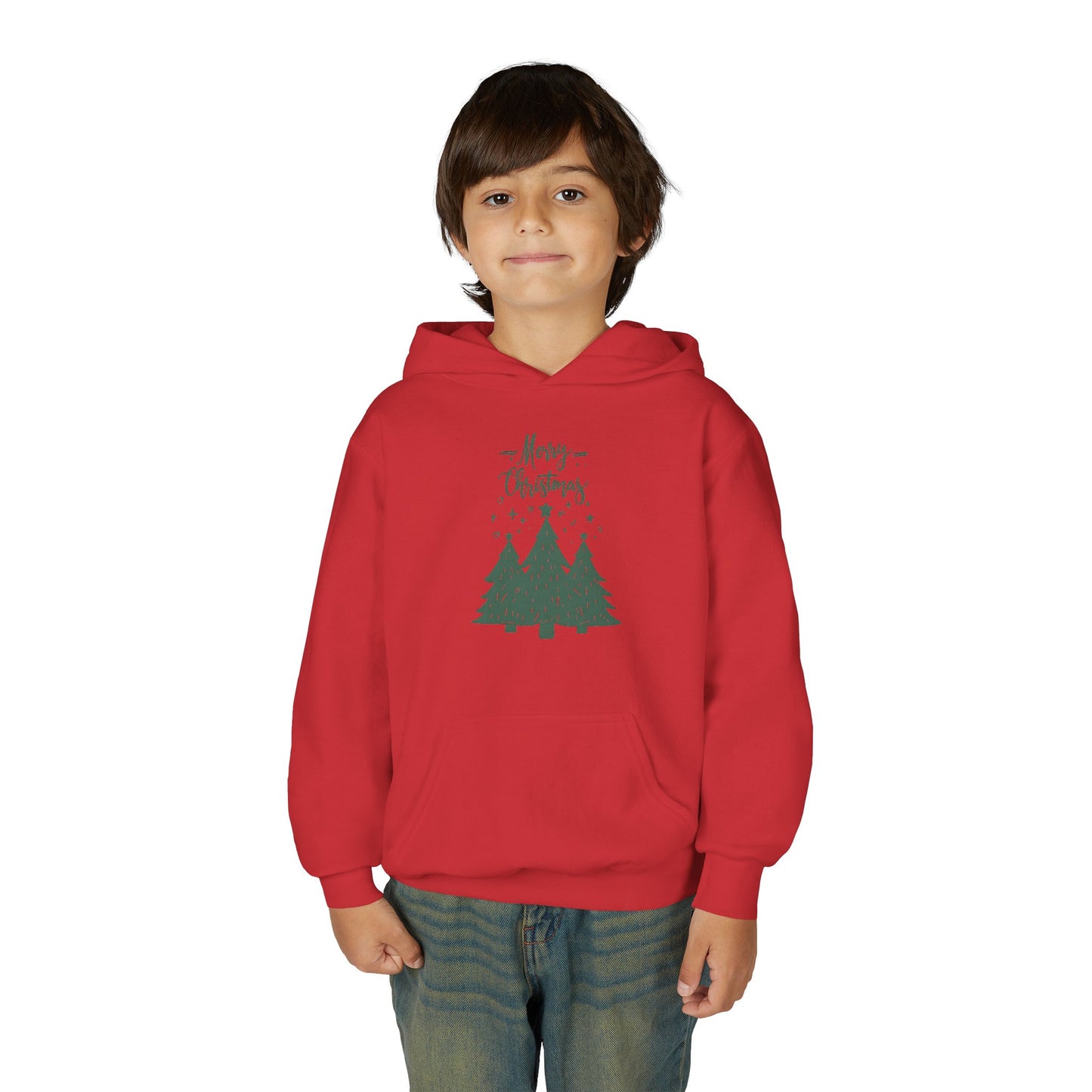 Youth Hoodie — Merry Christmas Green Tree Illustration Unisex