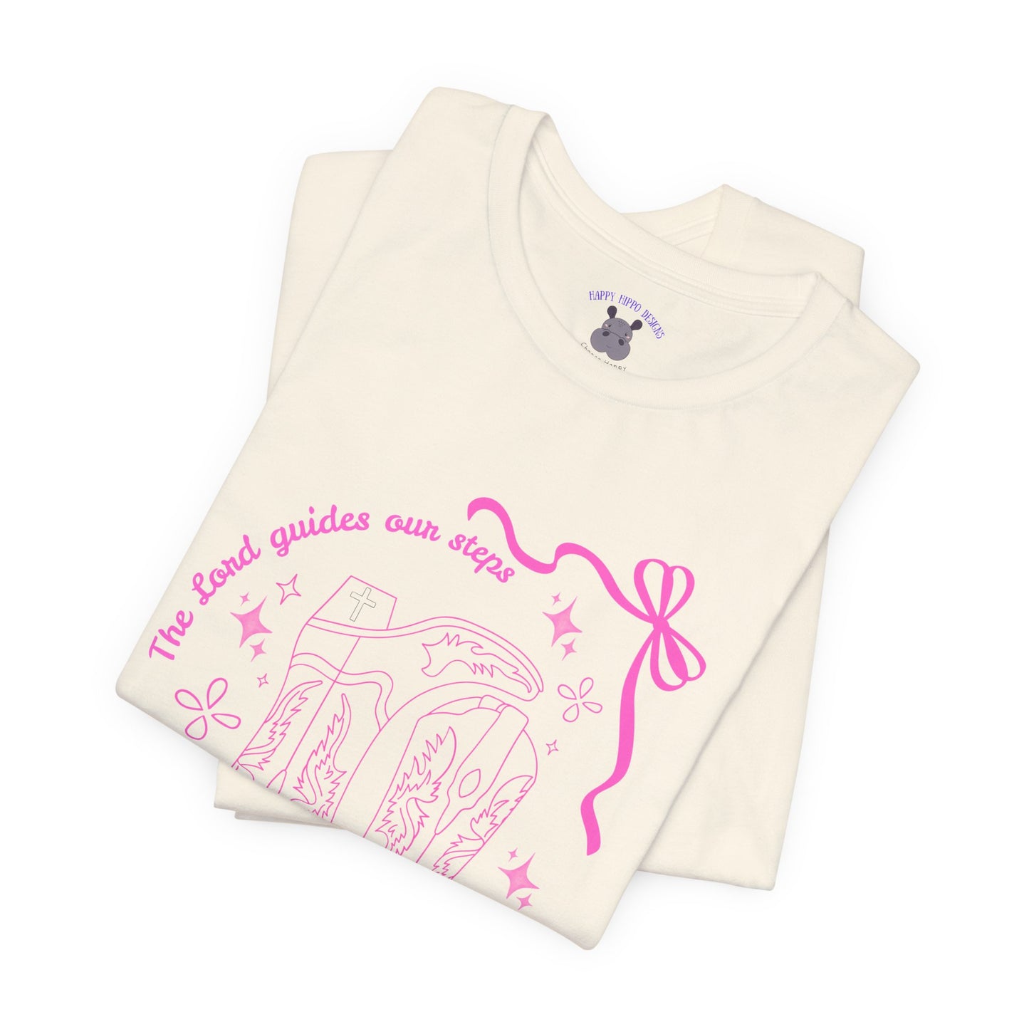 Cute Pink Ribbon Cowgirl Boot T-Shirt — "The Lord Guides Our Steps"