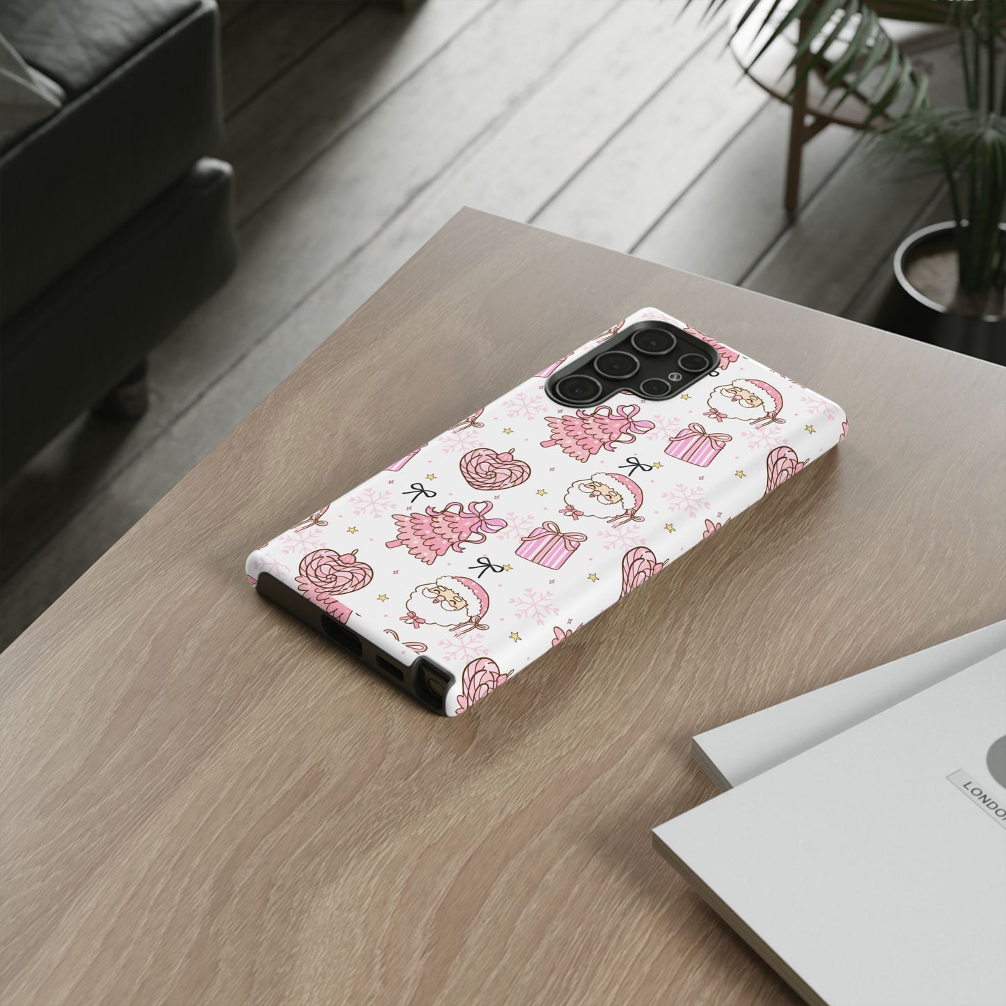 Christmas Pink Pattern Phone Case - Cute Santa, Tree & Gift Protective Cover