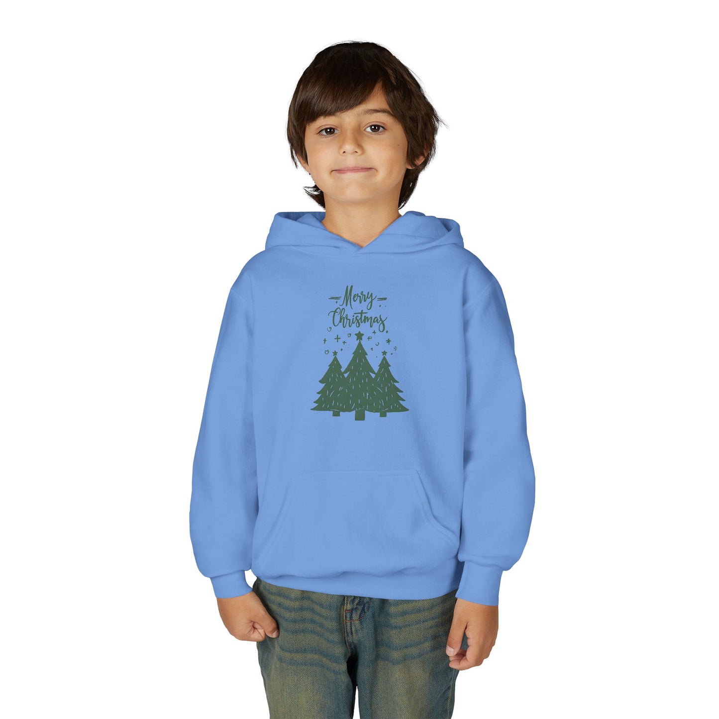 Youth Hoodie — Merry Christmas Green Tree Illustration Unisex
