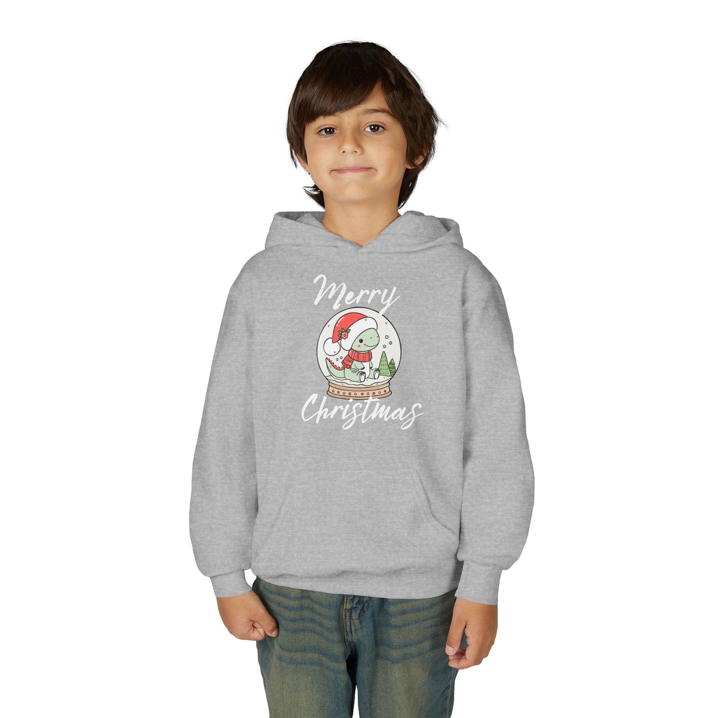 Youth Christmas Hoodie — Merry Christmas Snow Globe Dinosaur Design