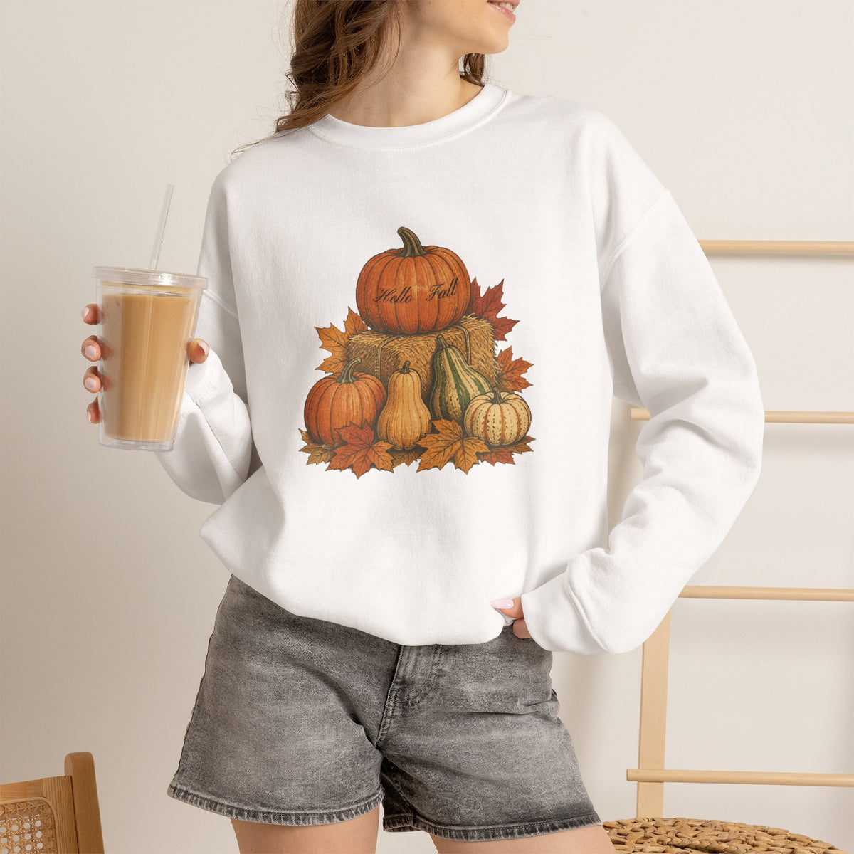 Pumpkin Patch Fall Sweatshirt – Autumn Pumpkins & Leaves Crewneck