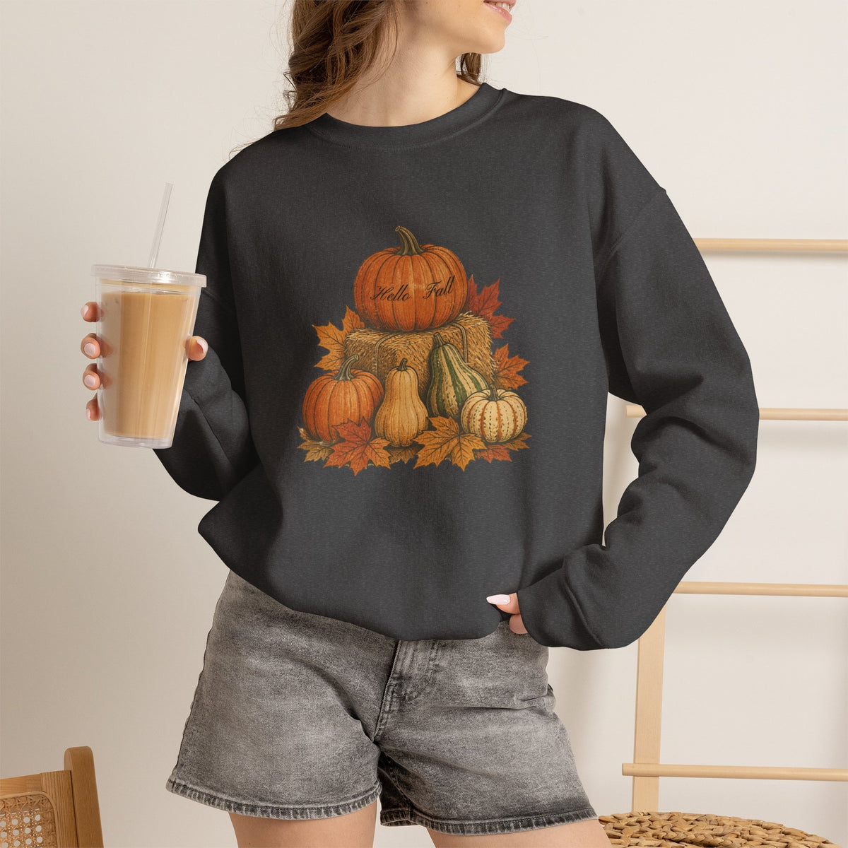 Pumpkin Patch Fall Sweatshirt – Autumn Pumpkins & Leaves Crewneck