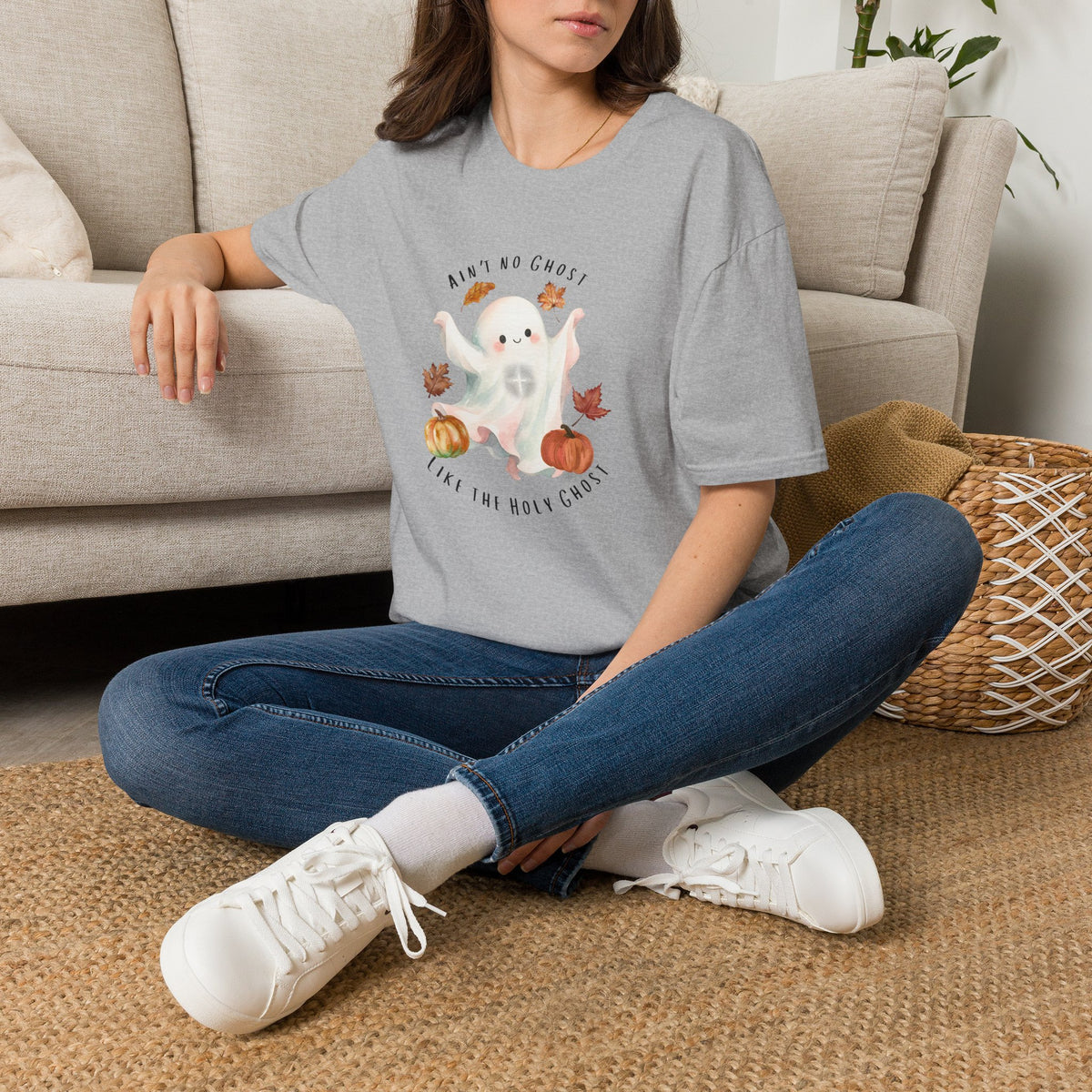 Cute 'Ain't No Ghost like the Holy Ghost' Ghost Graphic T-Shirt — Autumn Pumpkin & Leaves Tee