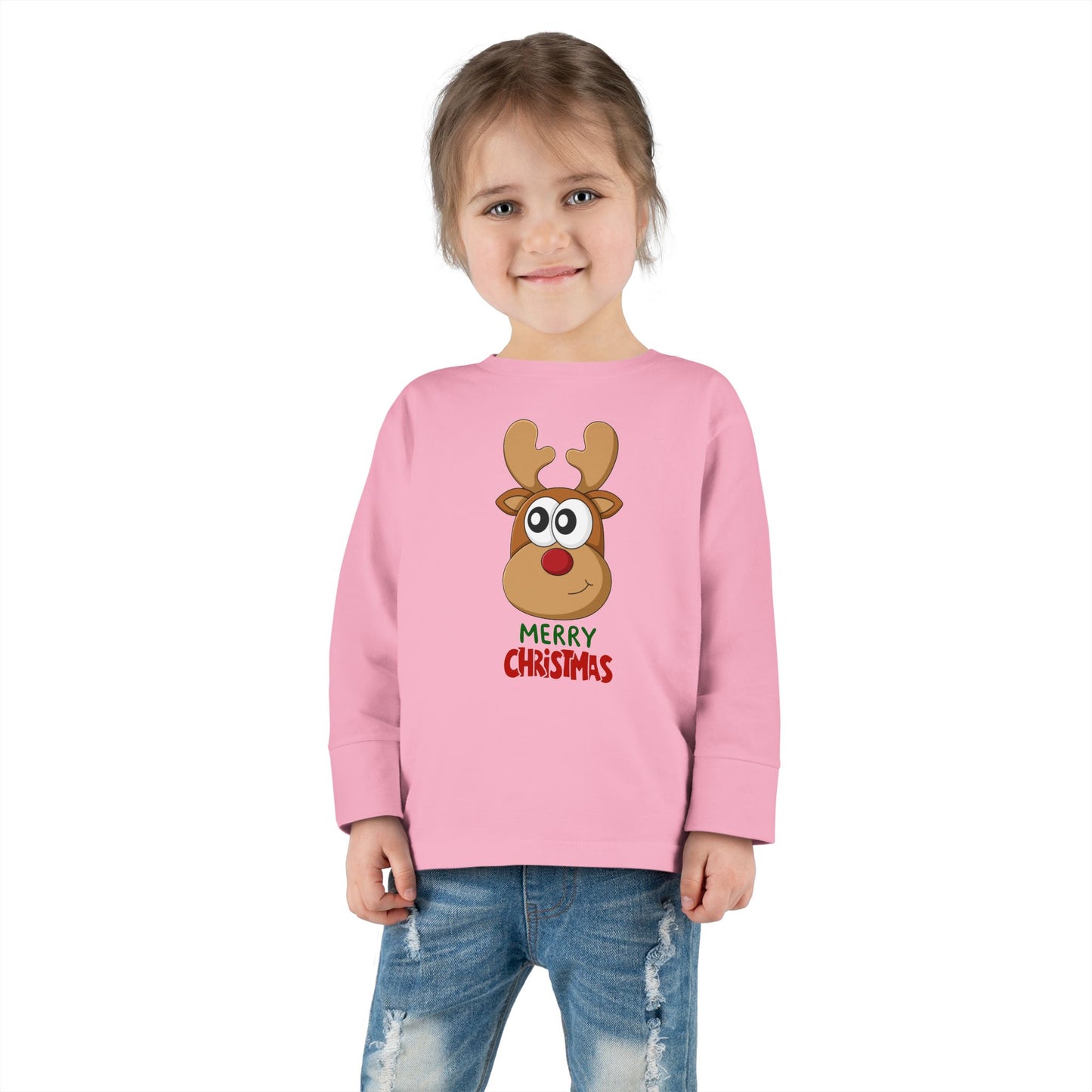 Toddler Long Sleeve Tee — Cute Reindeer "Merry Christmas" Holiday Shirt