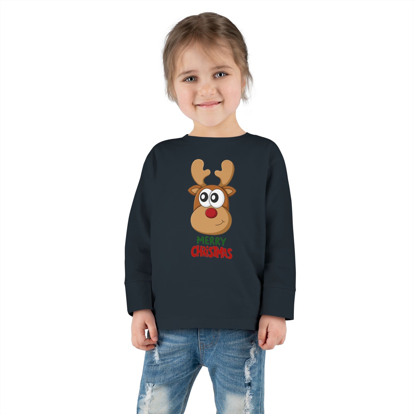 Toddler Long Sleeve Tee — Cute Reindeer "Merry Christmas" Holiday Shirt