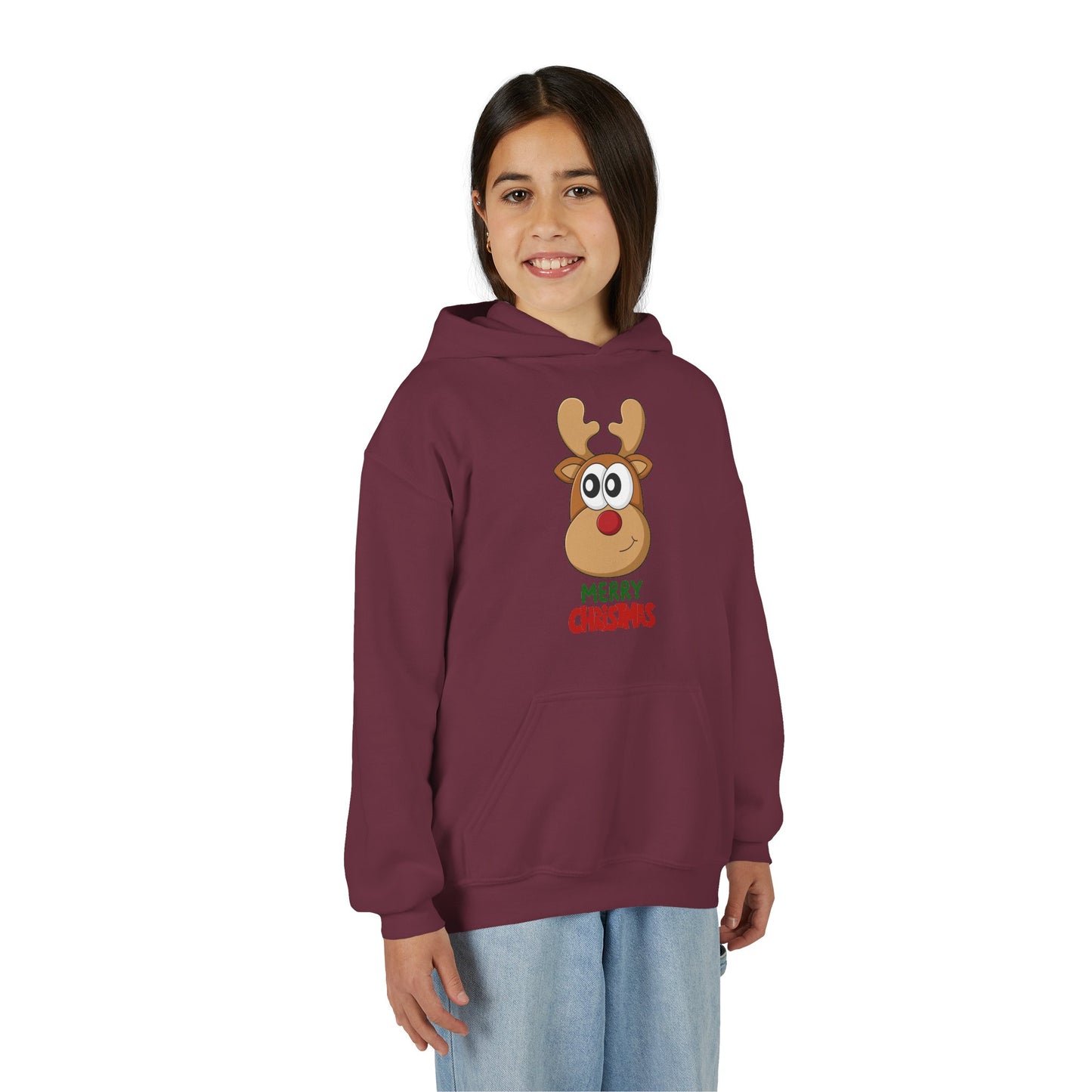 Youth Christmas Reindeer Hoodie - Cute "Merry Christmas" Holiday Pullover