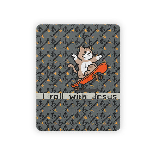 Kids Puzzle, Skateboarding Cat with Saying 'I Roll with Jesus', 30-Piece