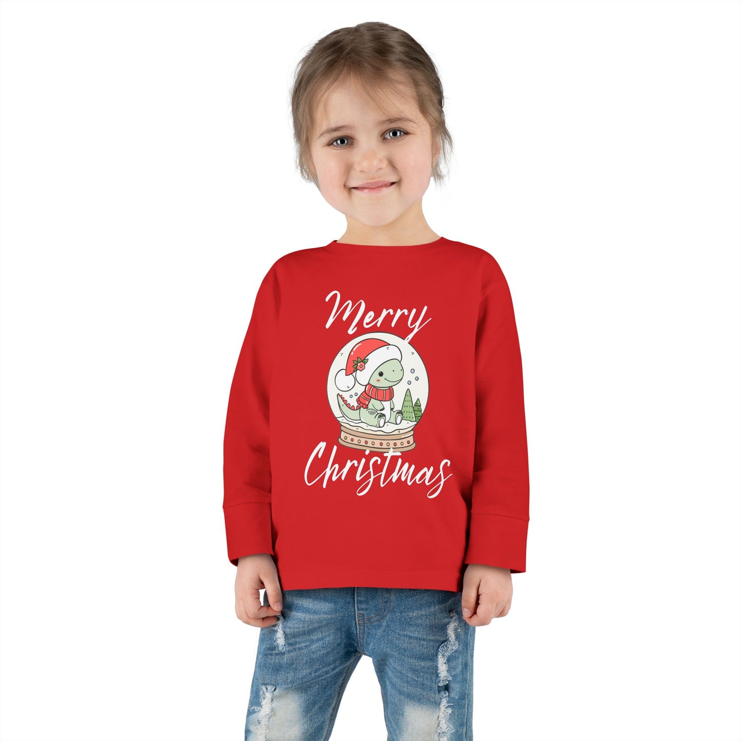 Toddler Tee — Cute Dinosaur in Santa Hat Snow Globe Christmas Shirt