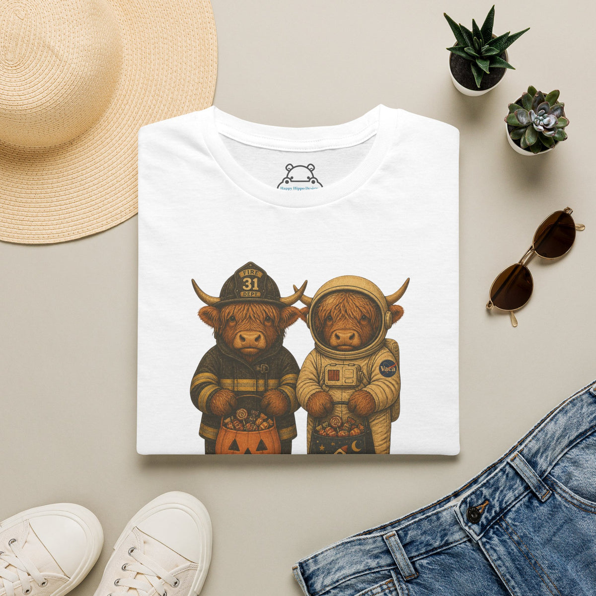 Halloween Highland Cows T‑Shirt — Firefighter & Astronaut Costume Tee