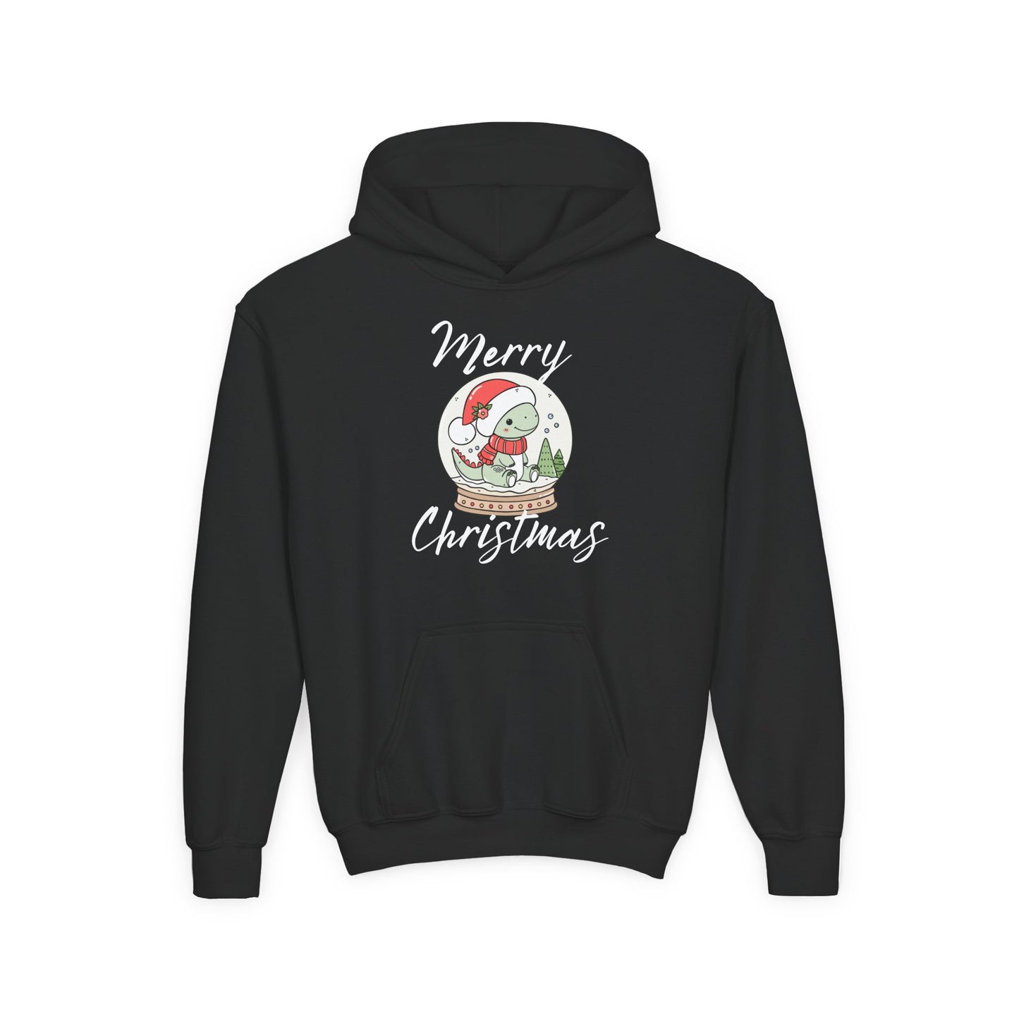 Youth Christmas Hoodie — Merry Christmas Snow Globe Dinosaur Design