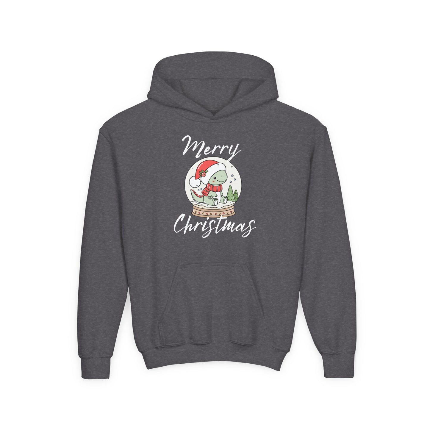 Youth Christmas Hoodie — Merry Christmas Snow Globe Dinosaur Design