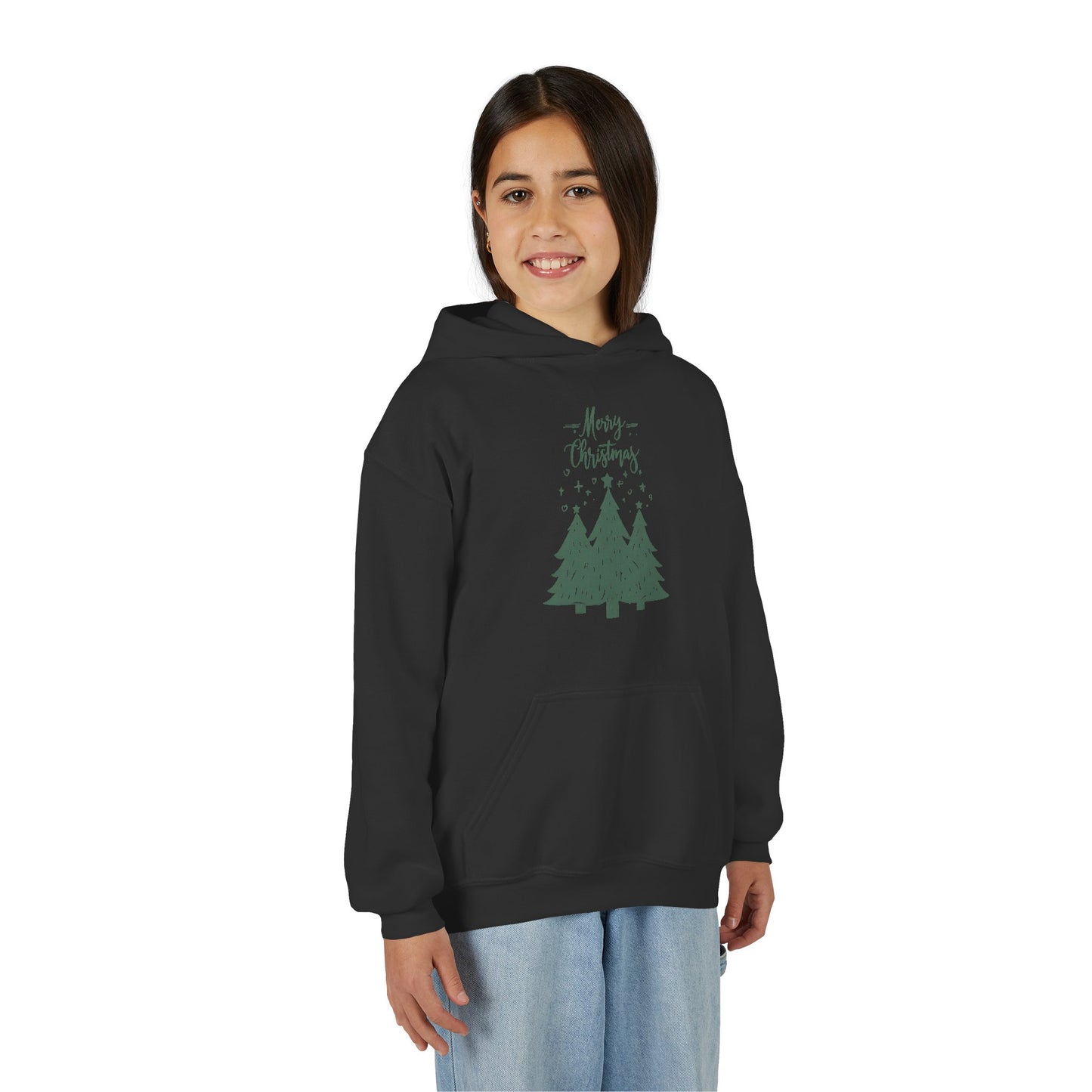 Youth Hoodie — Merry Christmas Green Tree Illustration Unisex