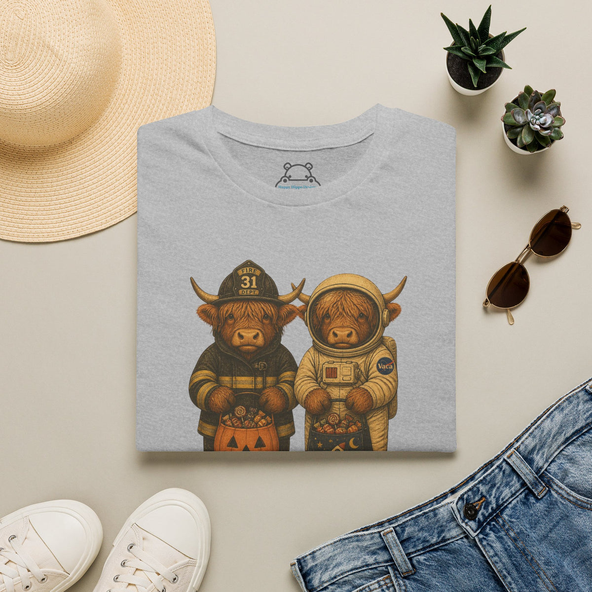 Halloween Highland Cows T‑Shirt — Firefighter & Astronaut Costume Tee