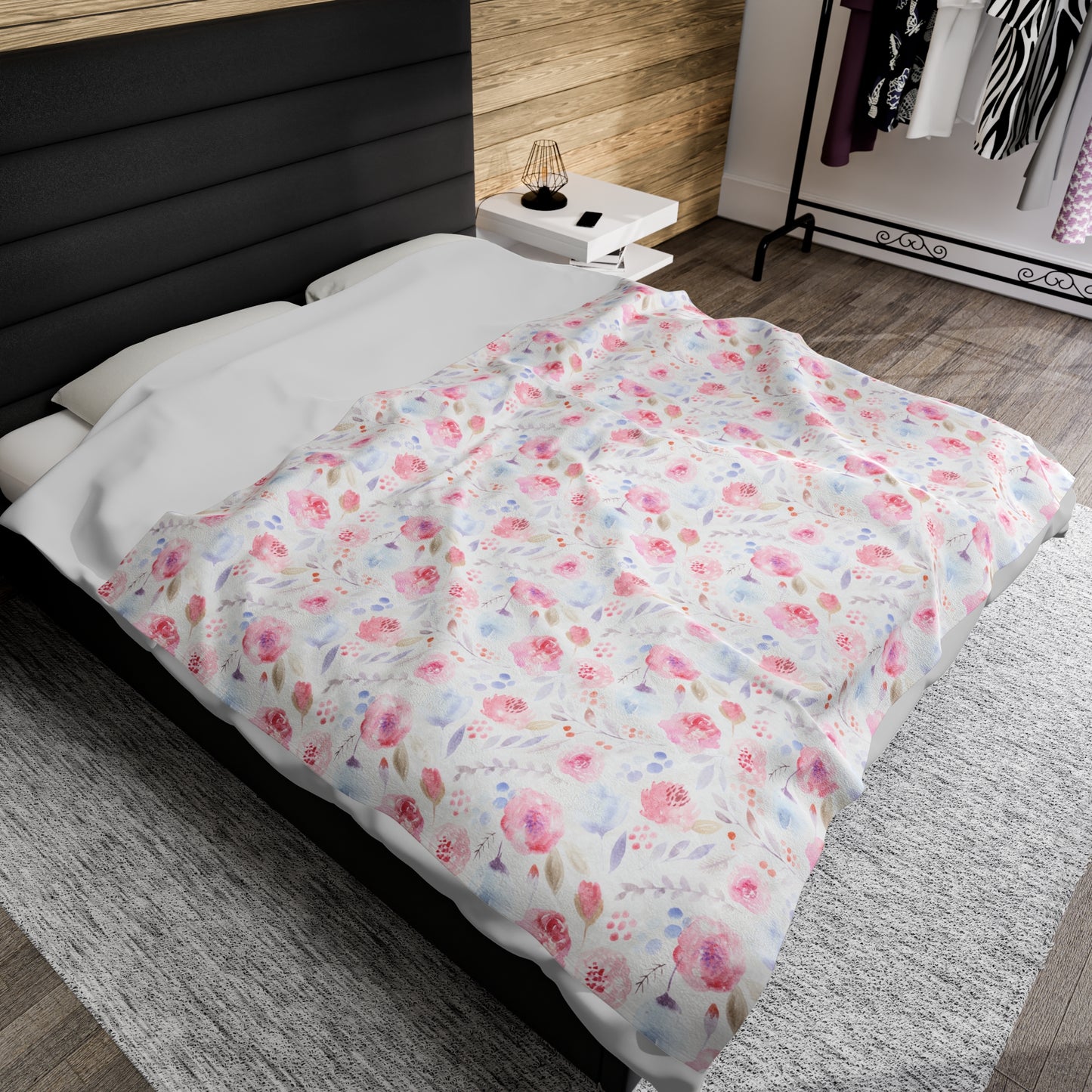 Velveteen Plush Blanket - Pastel Floral Print Cozy Soft Blanket for Girls Room or Nursery