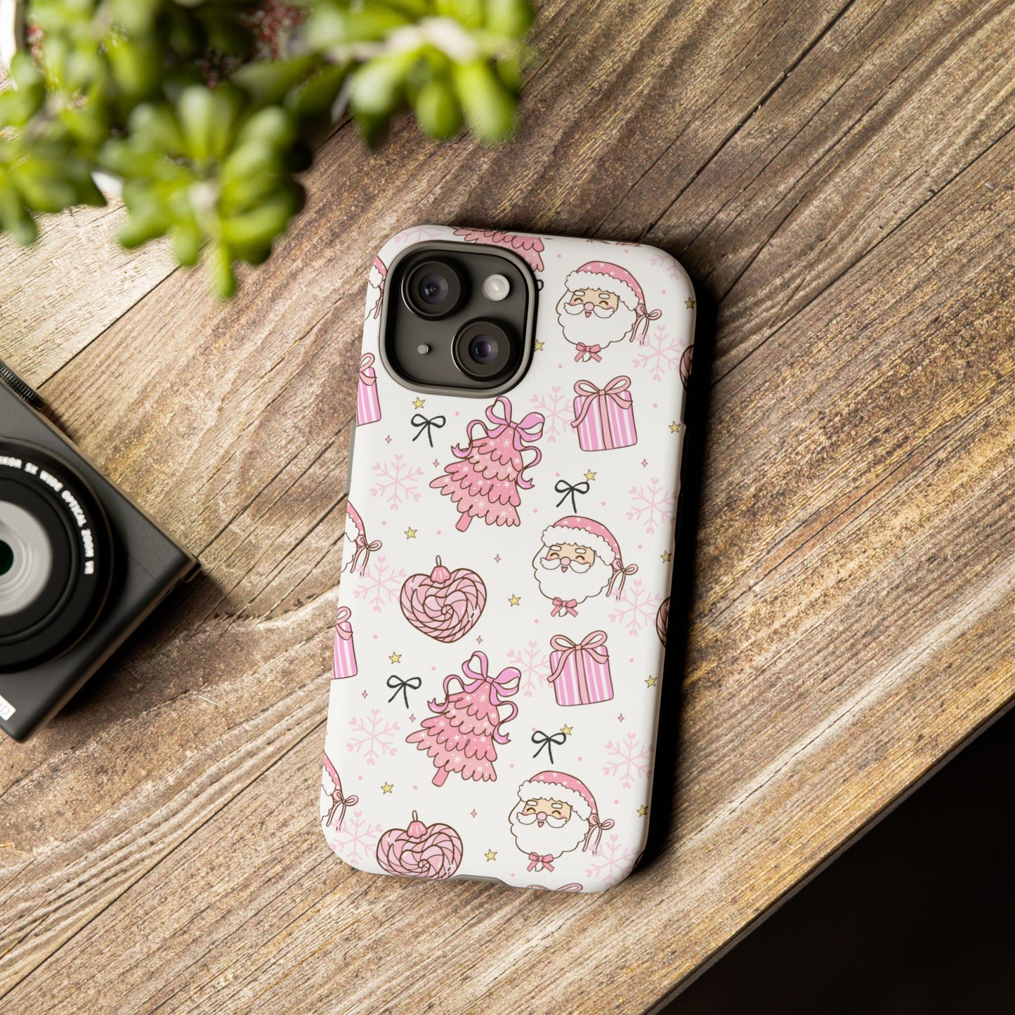 Christmas Pink Pattern Phone Case - Cute Santa, Tree & Gift Protective Cover