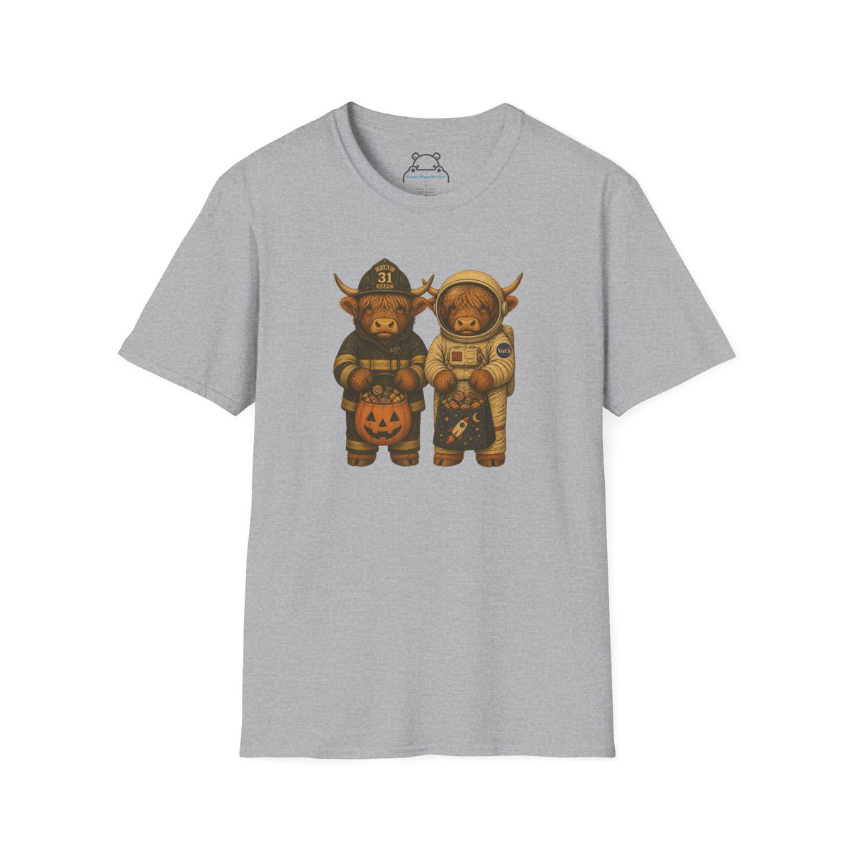 Halloween Highland Cows T‑Shirt — Firefighter & Astronaut Costume Tee