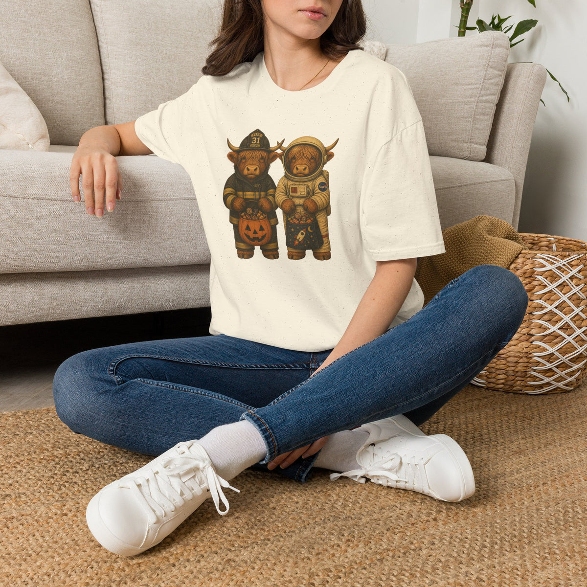 Halloween Highland Cows T‑Shirt — Firefighter & Astronaut Costume Tee