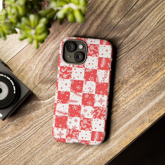 Christmas Red Buffalo Check Phone Case - Holiday Snowflake Pattern Tough Case