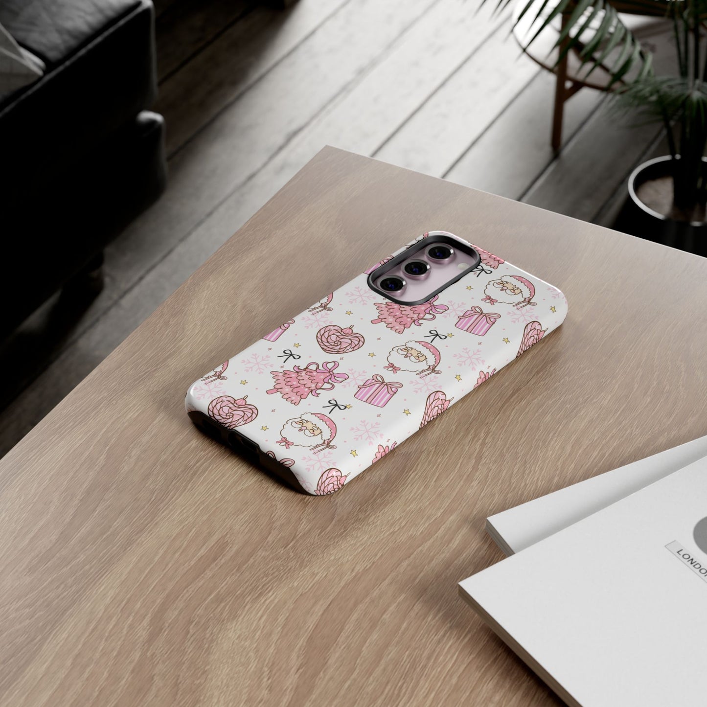 Christmas Pink Pattern Phone Case - Cute Santa, Tree & Gift Protective Cover