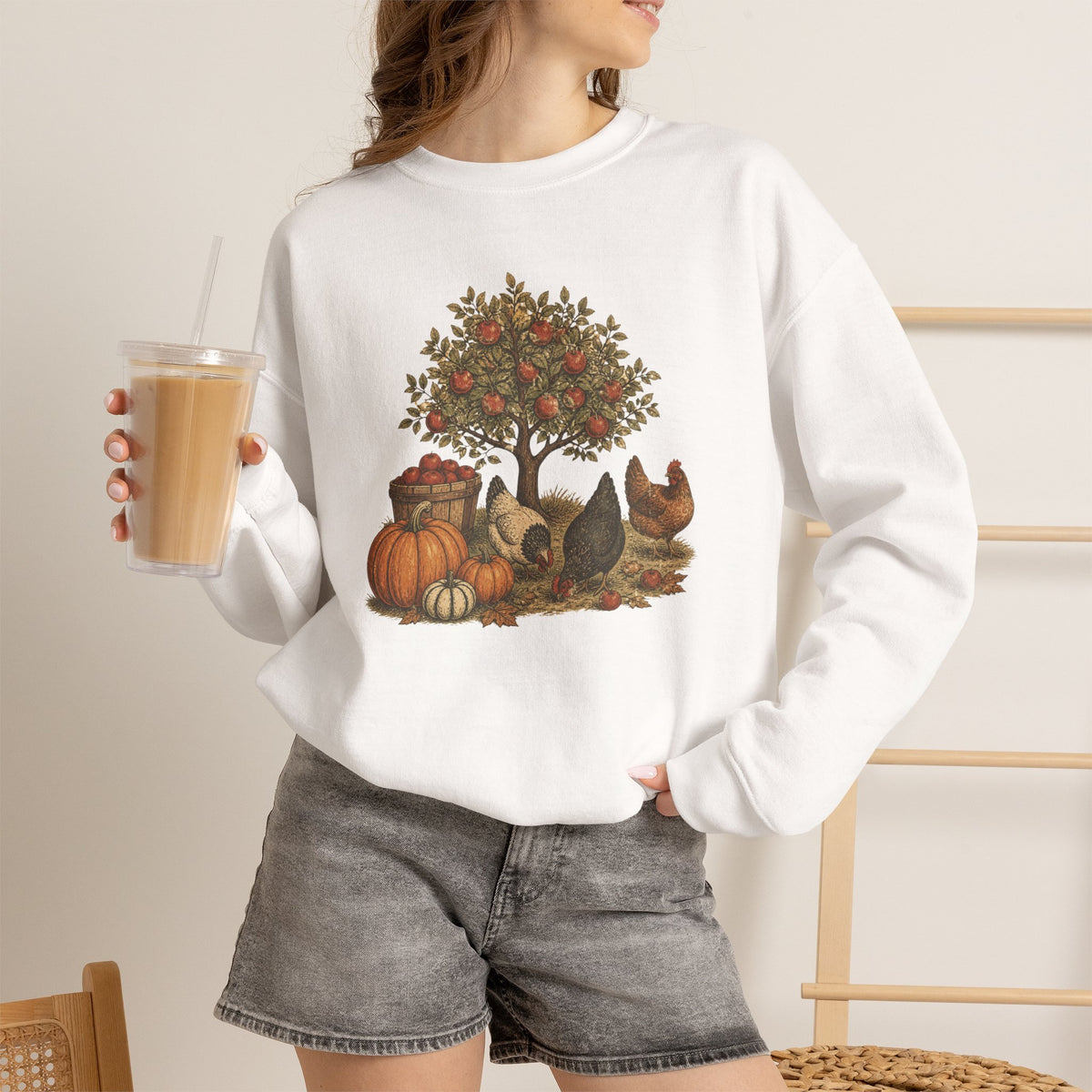 Fall Harvest Crewneck Sweatshirt — Pumpkin & Chicken Autumn Graphic