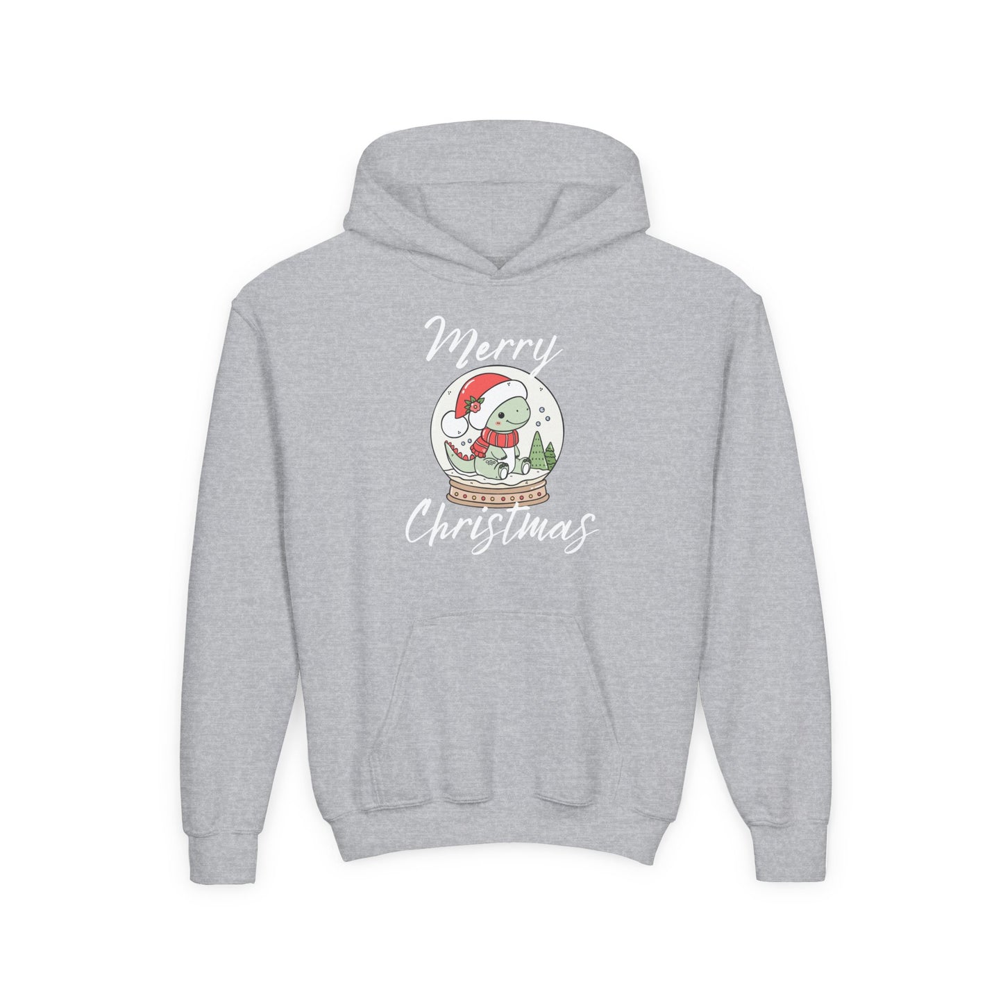 Youth Christmas Hoodie — Merry Christmas Snow Globe Dinosaur Design
