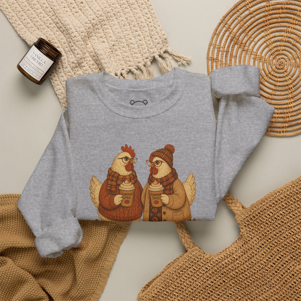 Autumn Chickens Crewneck Sweatshirt — Cozy Fall Pumpkin & Leaves Design