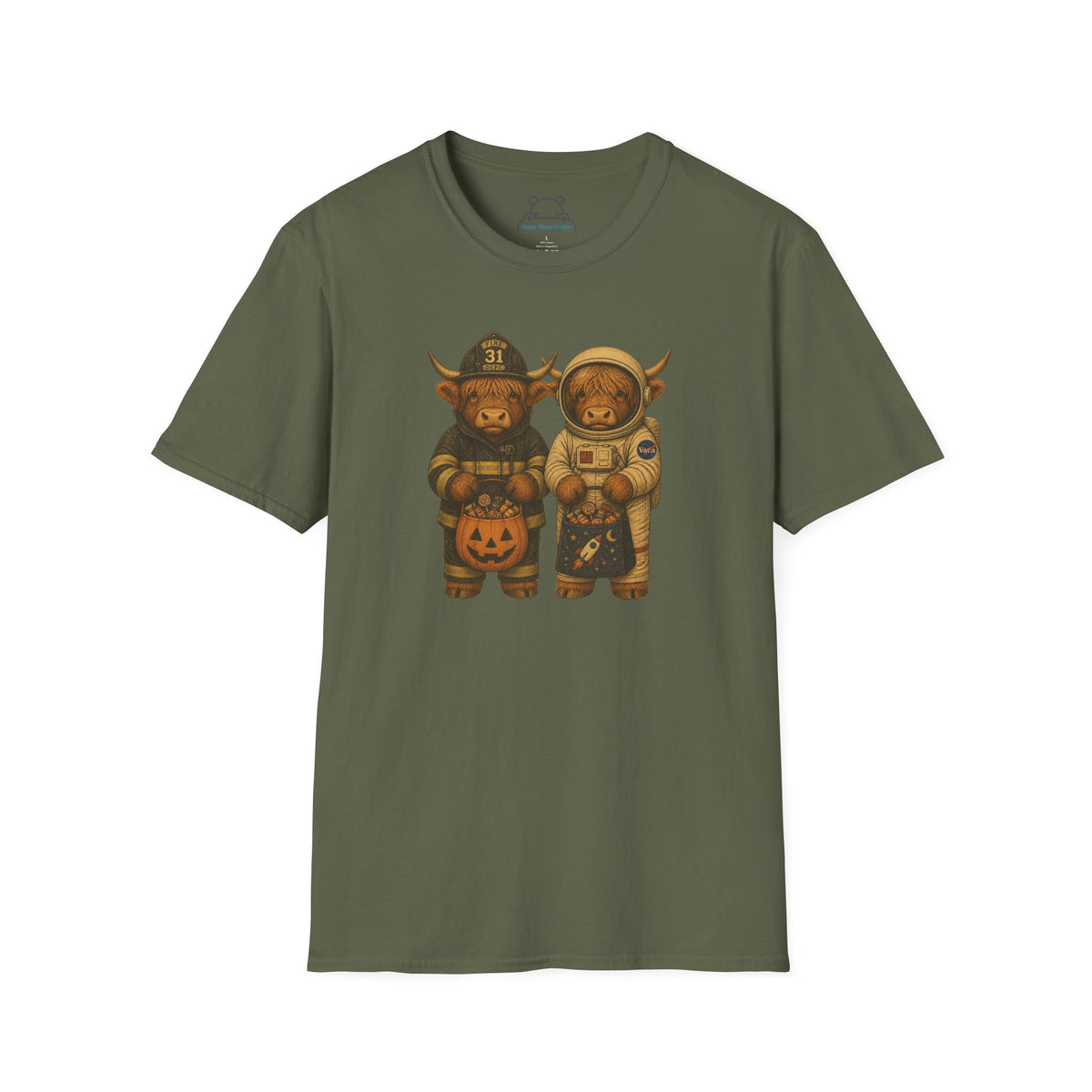 Halloween Highland Cows T‑Shirt — Firefighter & Astronaut Costume Tee