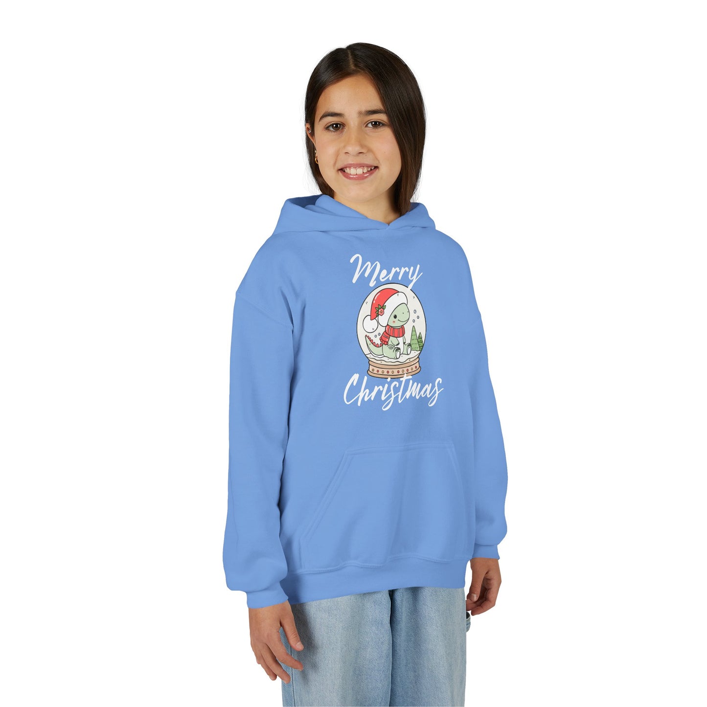 Youth Christmas Hoodie — Merry Christmas Snow Globe Dinosaur Design