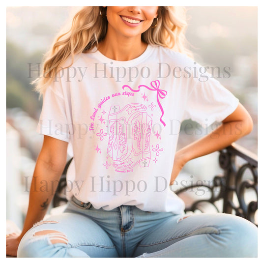 Cute Pink Ribbon Cowgirl Boot T-Shirt — "The Lord Guides Our Steps"