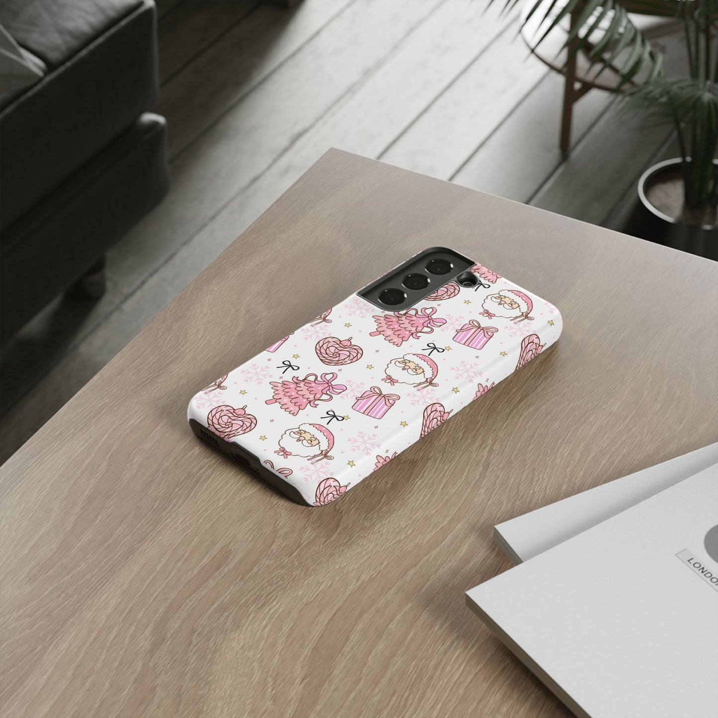 Christmas Pink Pattern Phone Case - Cute Santa, Tree & Gift Protective Cover