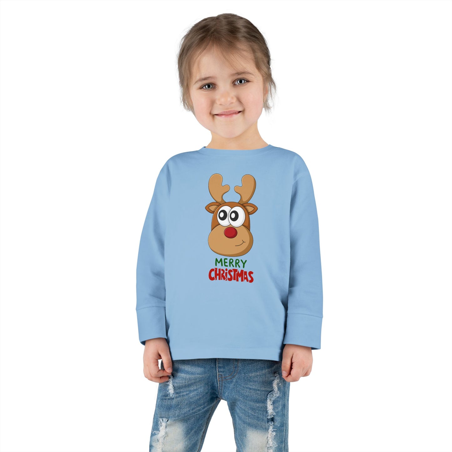 Toddler Long Sleeve Tee — Cute Reindeer "Merry Christmas" Holiday Shirt