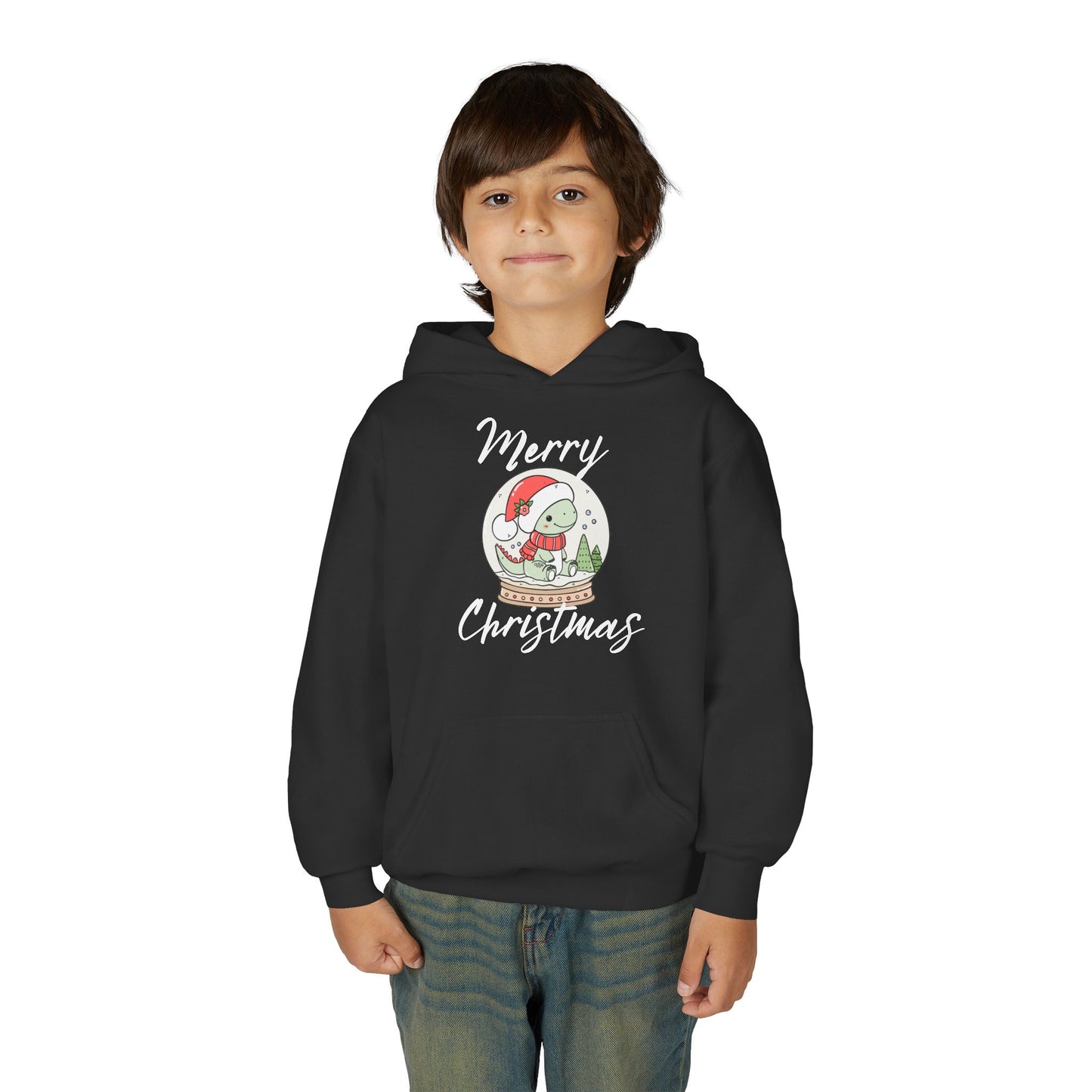 Youth Christmas Hoodie — Merry Christmas Snow Globe Dinosaur Design