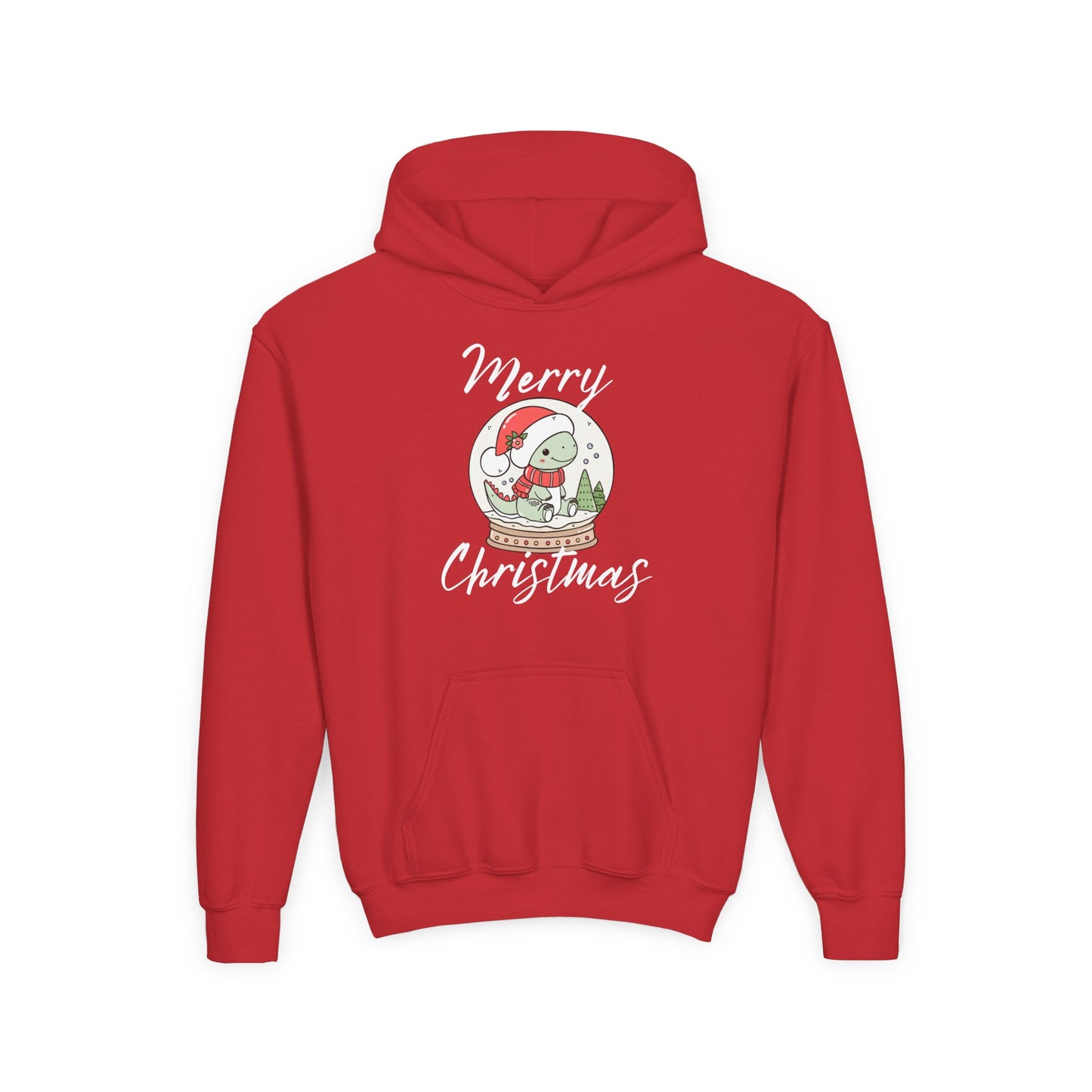 Youth Christmas Hoodie — Merry Christmas Snow Globe Dinosaur Design