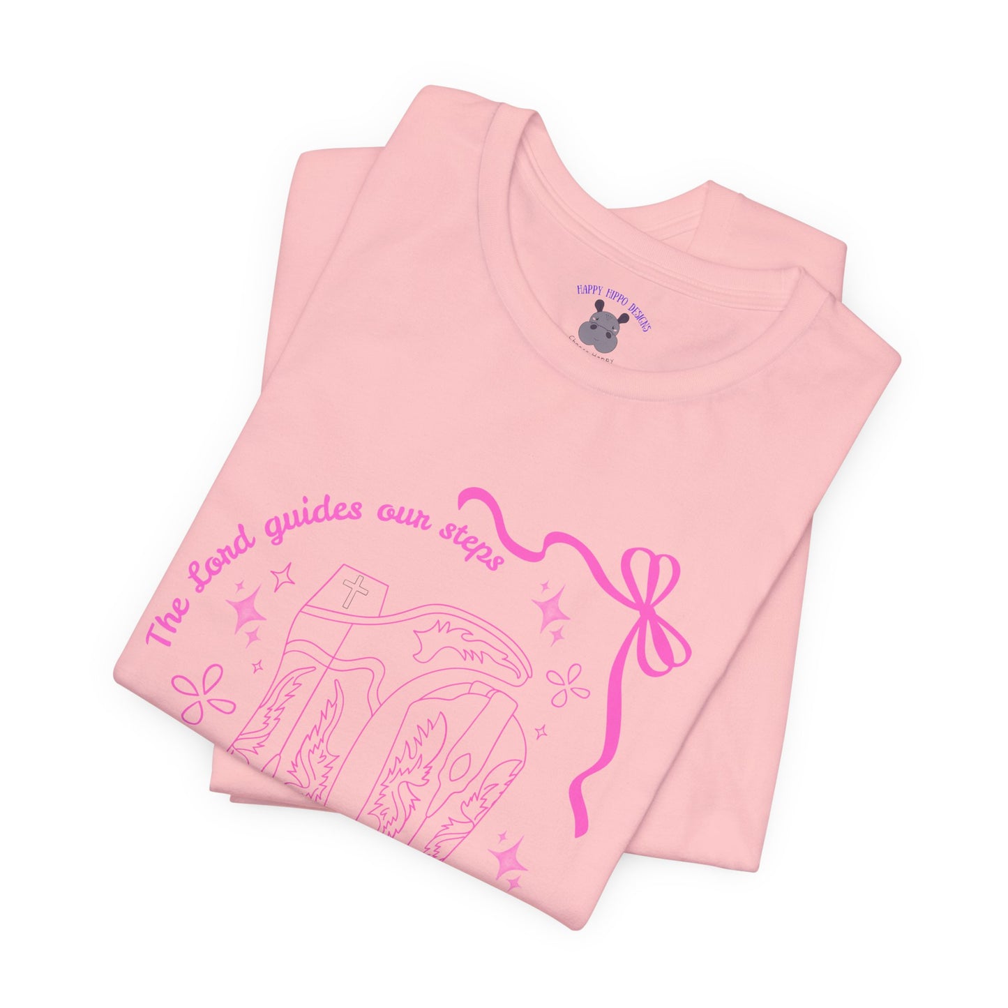 Cute Pink Ribbon Cowgirl Boot T-Shirt — "The Lord Guides Our Steps"