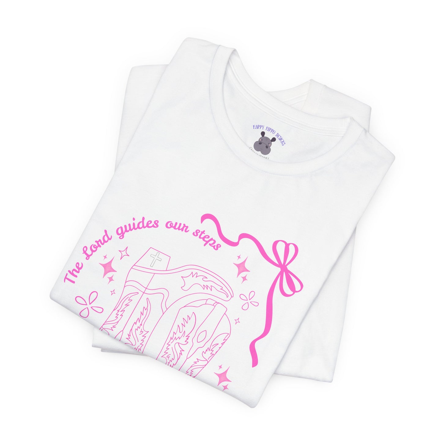Cute Pink Ribbon Cowgirl Boot T-Shirt — "The Lord Guides Our Steps"