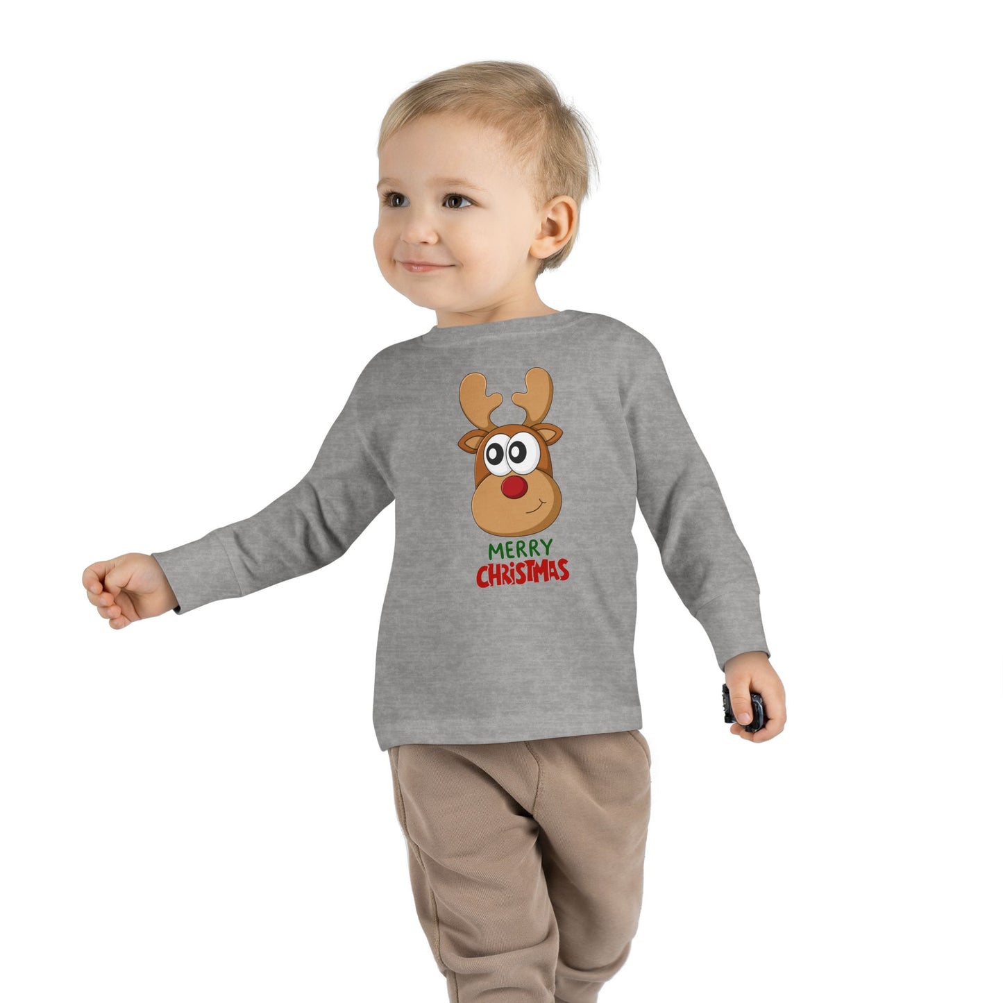 Toddler Long Sleeve Tee — Cute Reindeer "Merry Christmas" Holiday Shirt