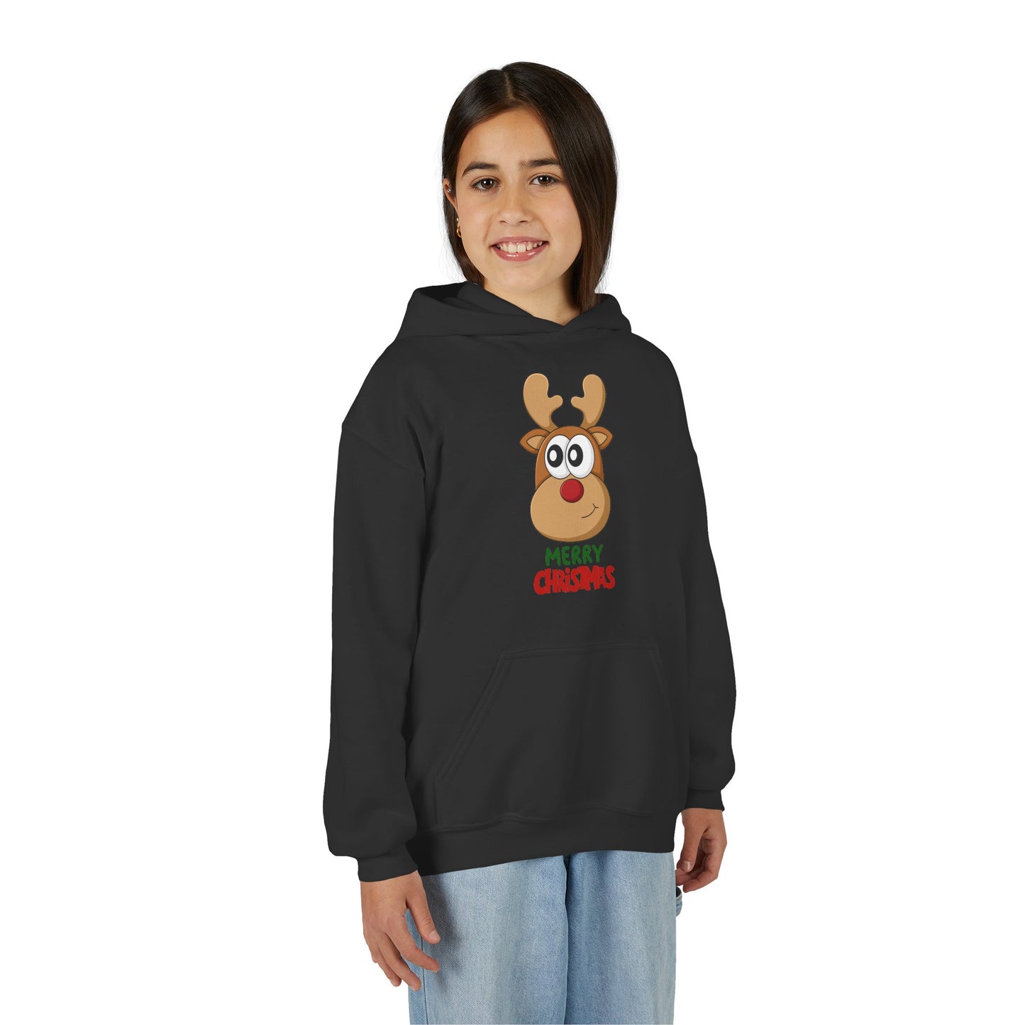 Youth Christmas Reindeer Hoodie - Cute "Merry Christmas" Holiday Pullover