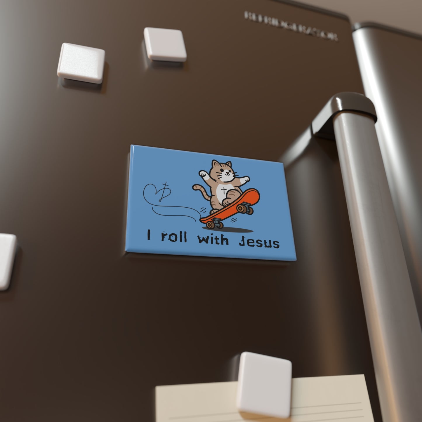 Fridge Magnet - Skateboarding Cat 'I Roll with Jesus'