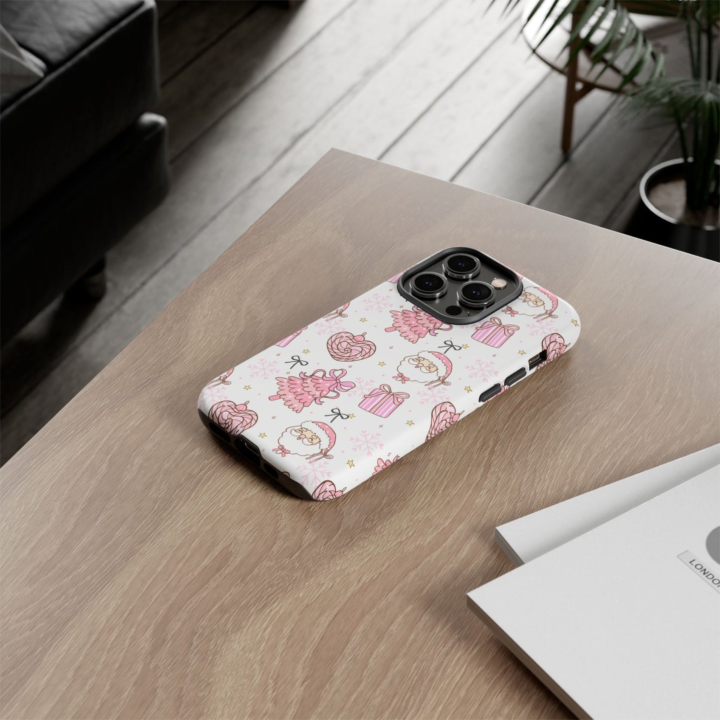 Christmas Pink Pattern Phone Case - Cute Santa, Tree & Gift Protective Cover
