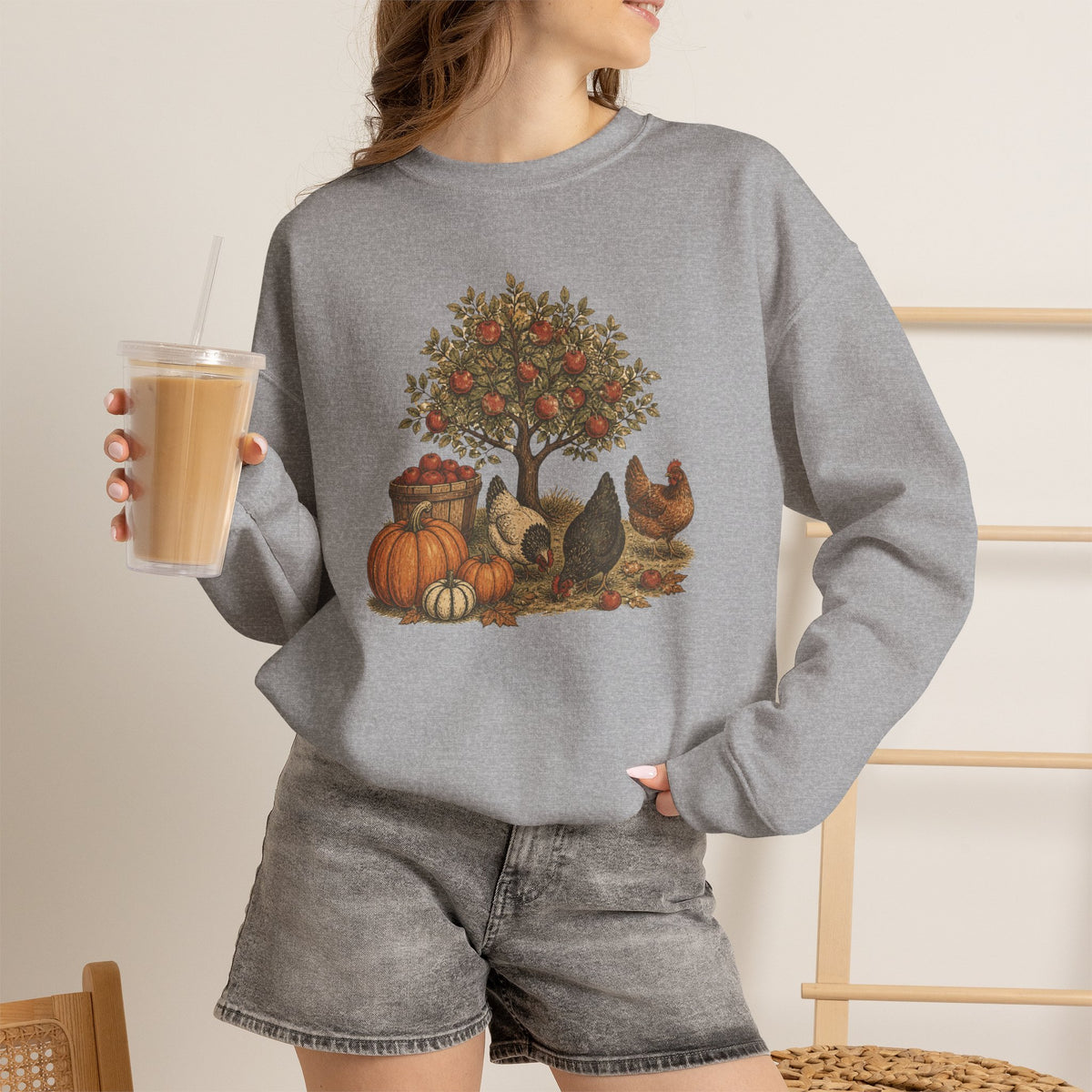 Fall Harvest Crewneck Sweatshirt — Pumpkin & Chicken Autumn Graphic