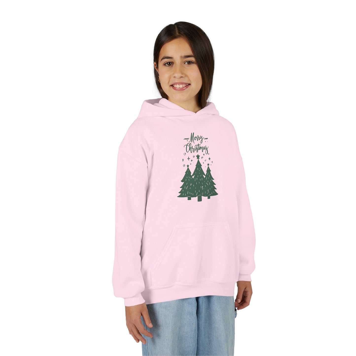 Youth Hoodie — Merry Christmas Green Tree Illustration Unisex