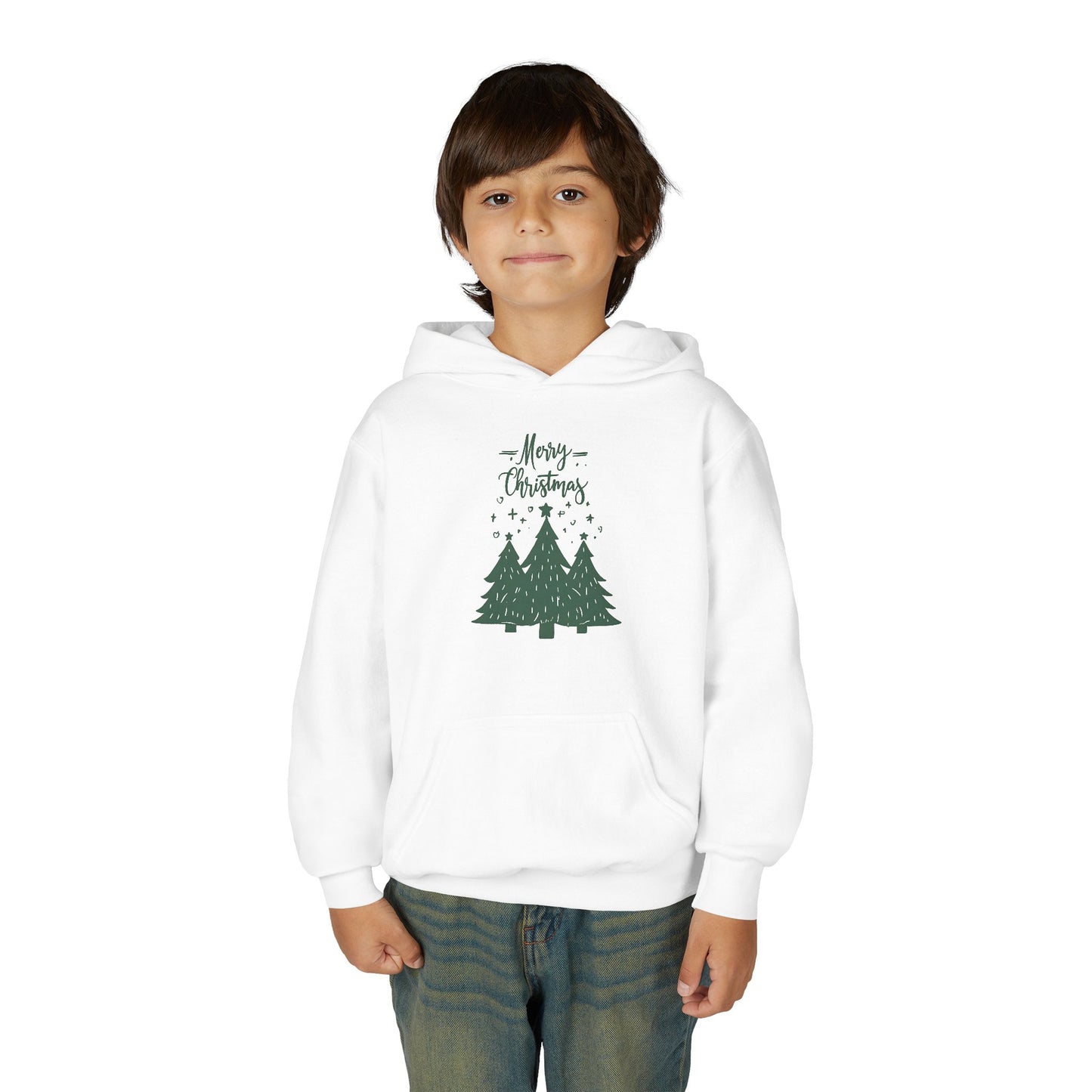 Youth Hoodie — Merry Christmas Green Tree Illustration Unisex