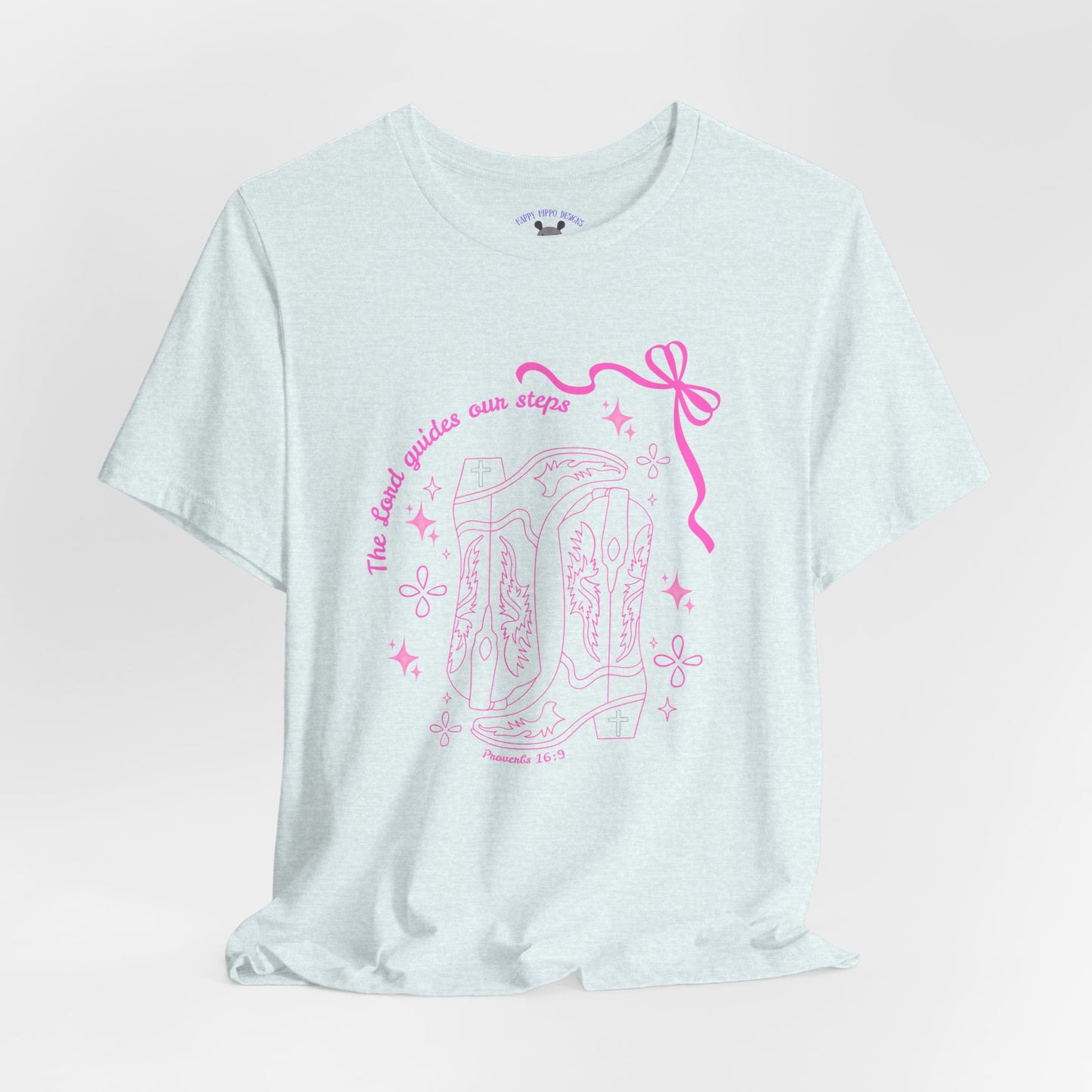 Cute Pink Ribbon Cowgirl Boot T-Shirt — "The Lord Guides Our Steps"